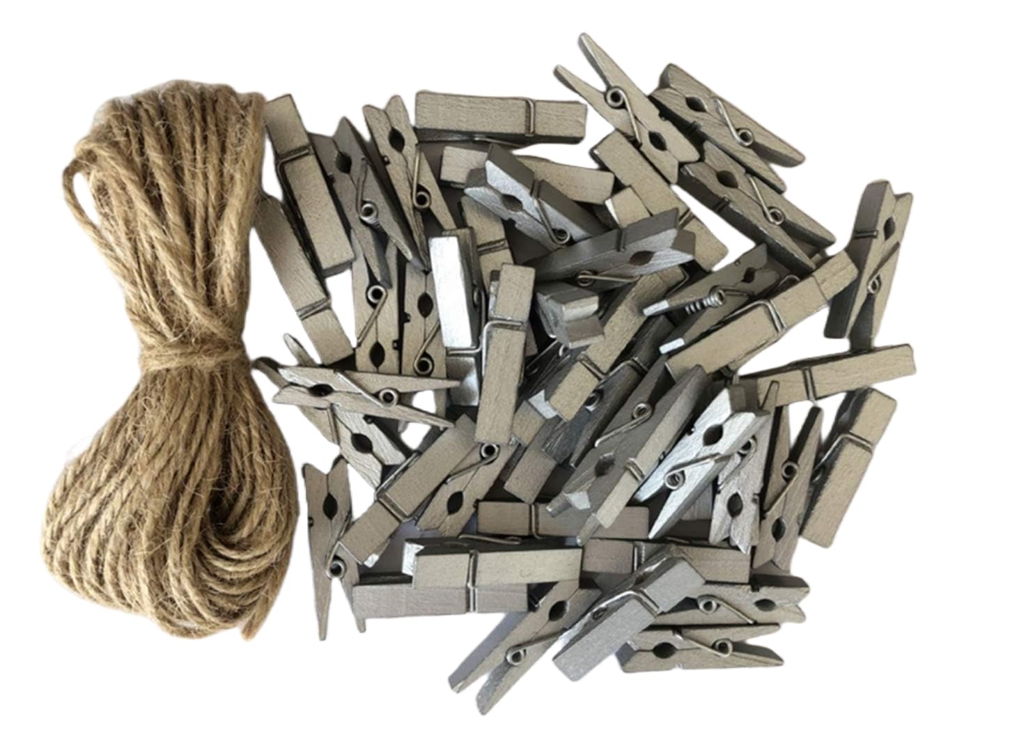 Wood Clips Strong Photos Pins Peg Home Party Decorative Accessories with Jute Twine Silver Pack 50 (50 Count)