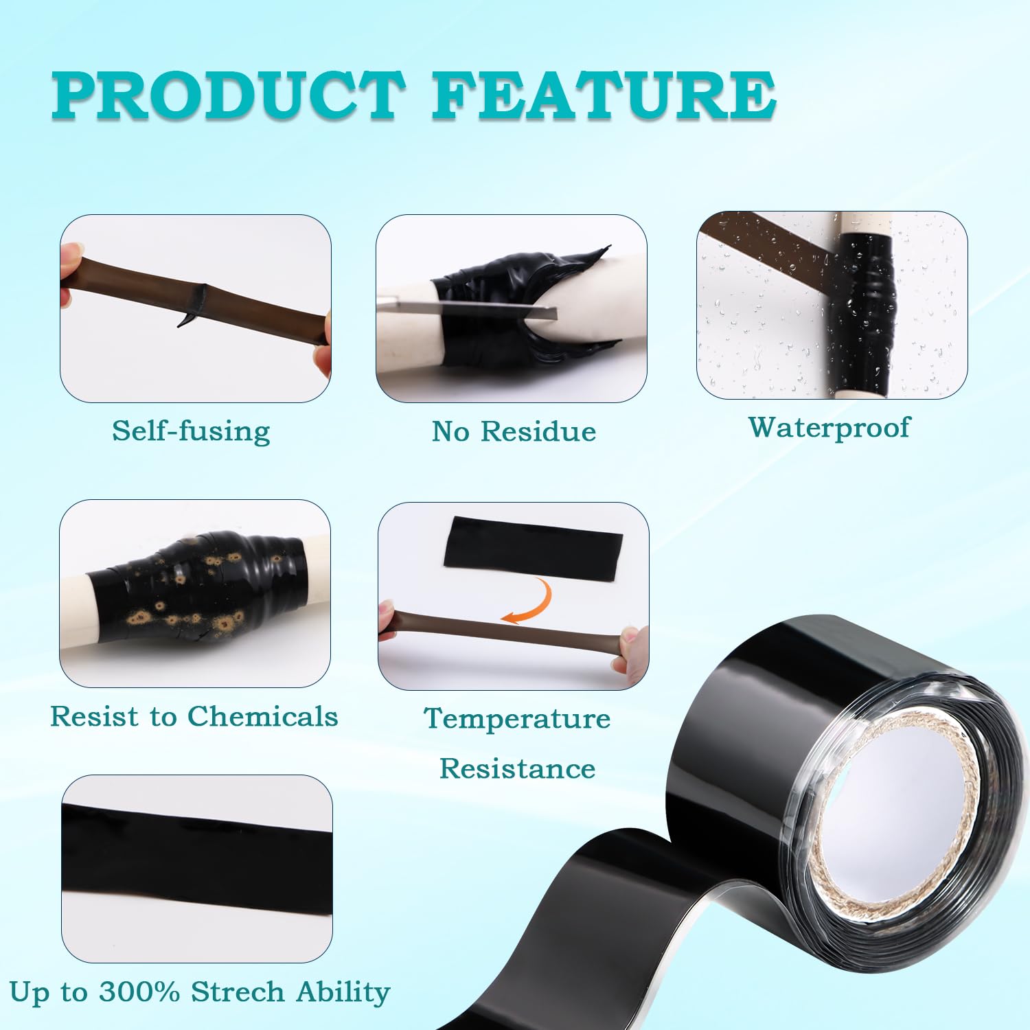 Self Fusing Silicone Tape 1 in x 5' Black Waterproof Rubber Leak Proof Sealing Silicone Rubber Self
