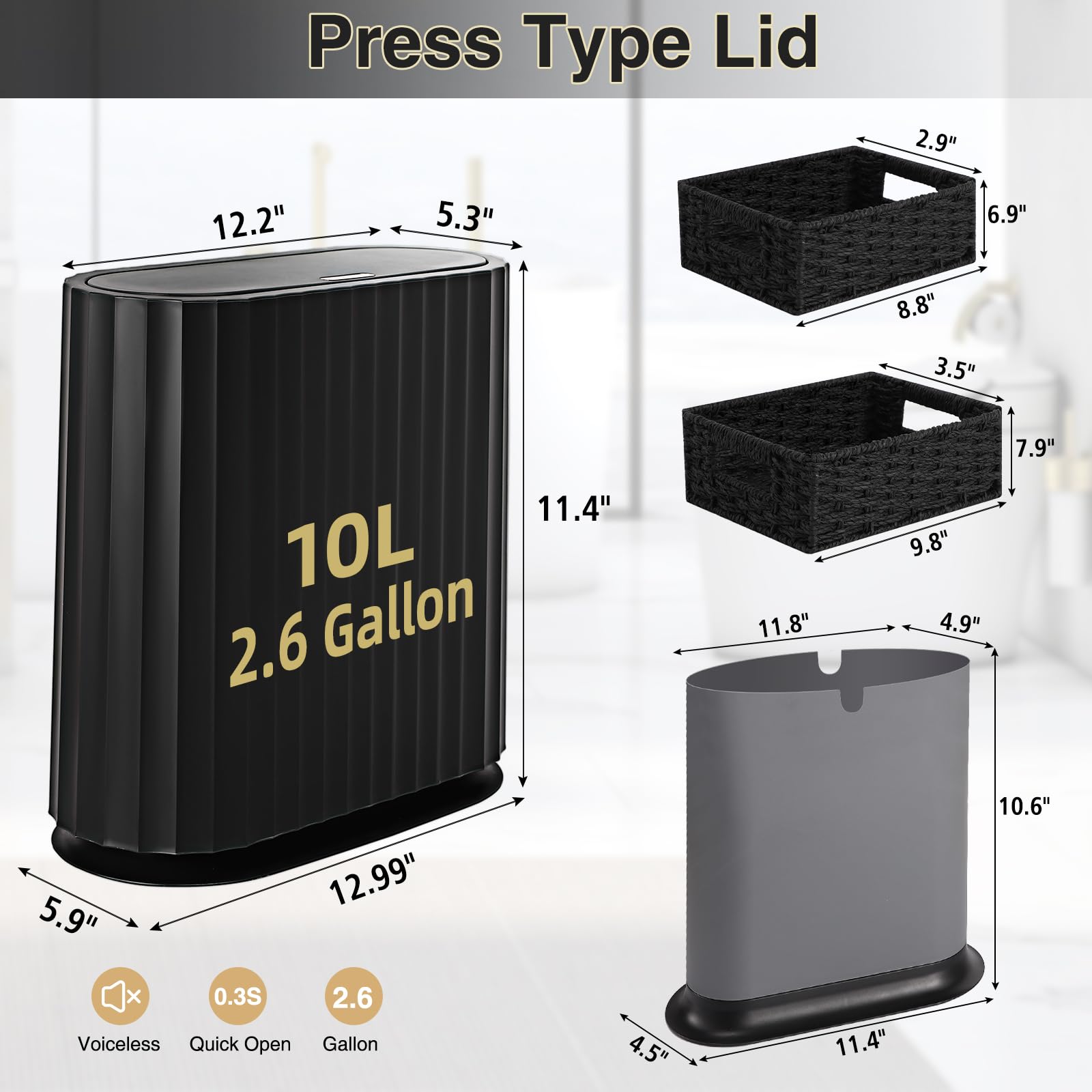 Small Bathroom Trash Can with Press Type Lid (3 Count)