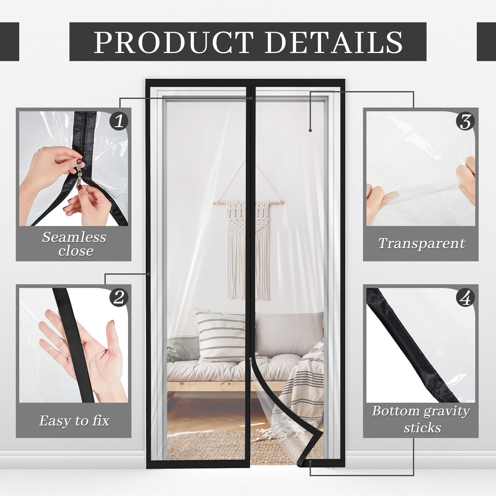 2 Pack Zipper Dust Barrier Door Kit 60 x 102 Inch with Double Sided Zipper Reusable Construction Temporary Wall Clear Plastic Standard Doorway Screen Sheeting Black Trim for Hallway Renovation