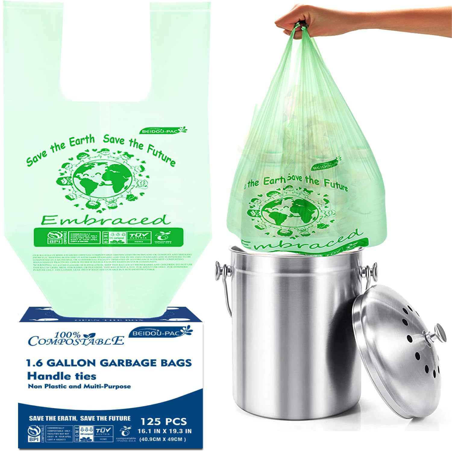 1.6 Gallon Certified Compostable Trash Bags with Handle (125 Count)