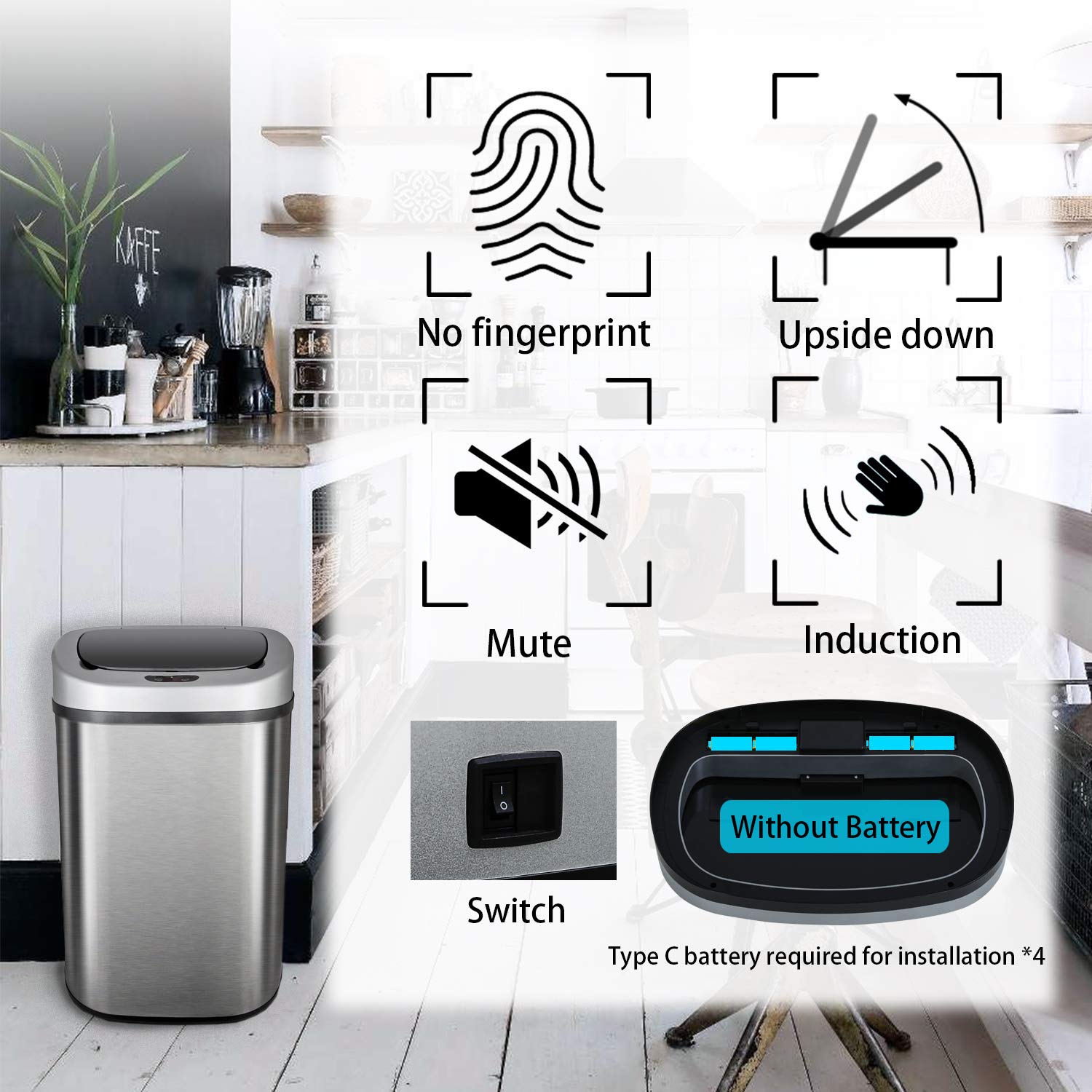 Trash Can Automatic Waste Bin Mute Metal Garbage Can with Lid Stainless Steel 13 Gallon 50 Liter for Kitchen