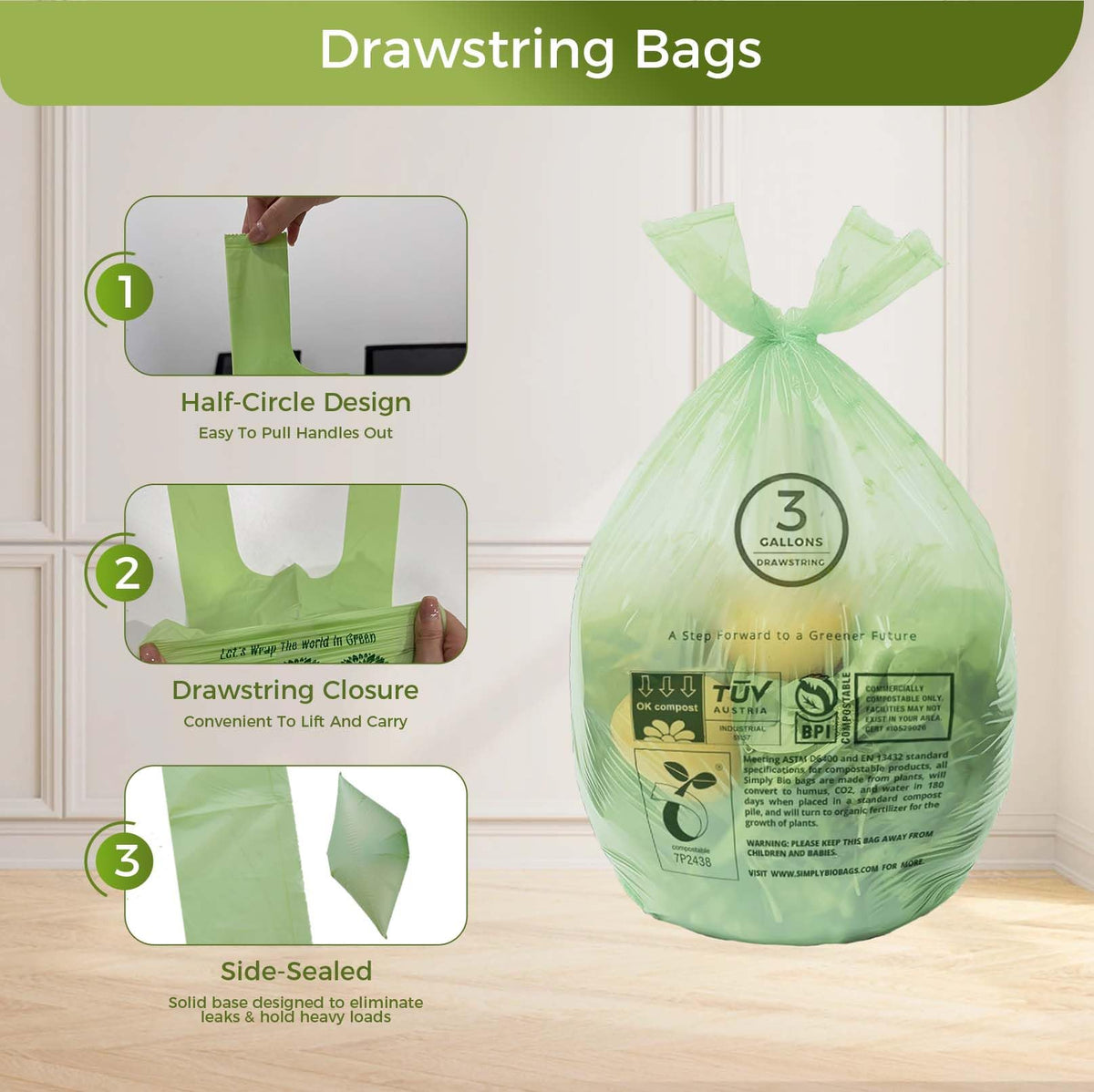 3 Gallon Compostable Trash Bags with Handle (80 Count)