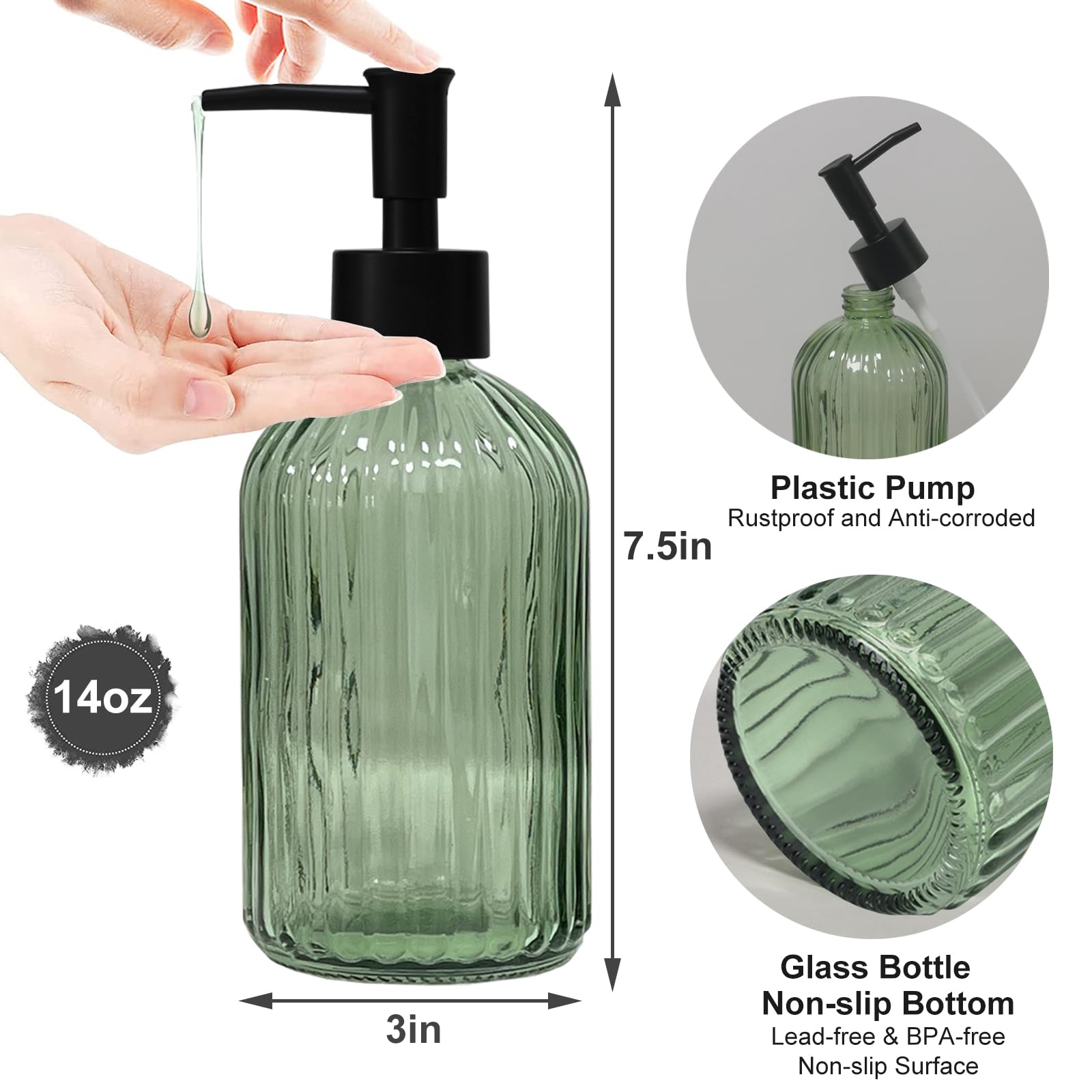 Green Glass Soap Dispenser with Black Plastic Pump