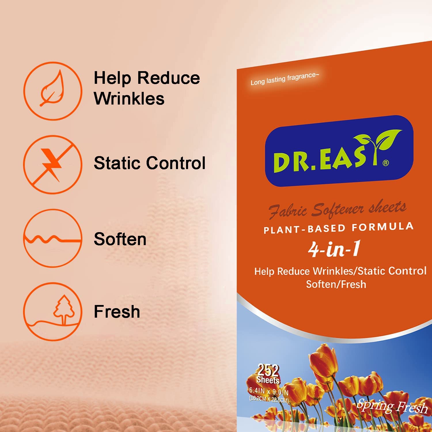 DR.EASY Dryer Sheets Plant Based Formula 252 Ct Fabric Softener sheets for Laundry Spring Fresh Essential Oil Scented No Artificial Fragrances No Dyes Reduce Static & Wrinkles Help Repel Pet Hair (252 Count)