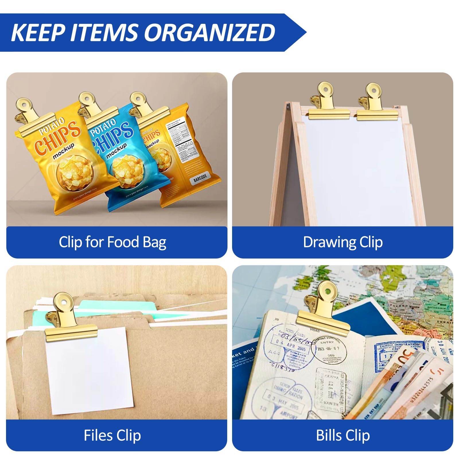 10 Pack Large Metal Hinge Clips 2.5 Inches Bull Hinge Paper Clips Gold Bulldog Clips for Crafts