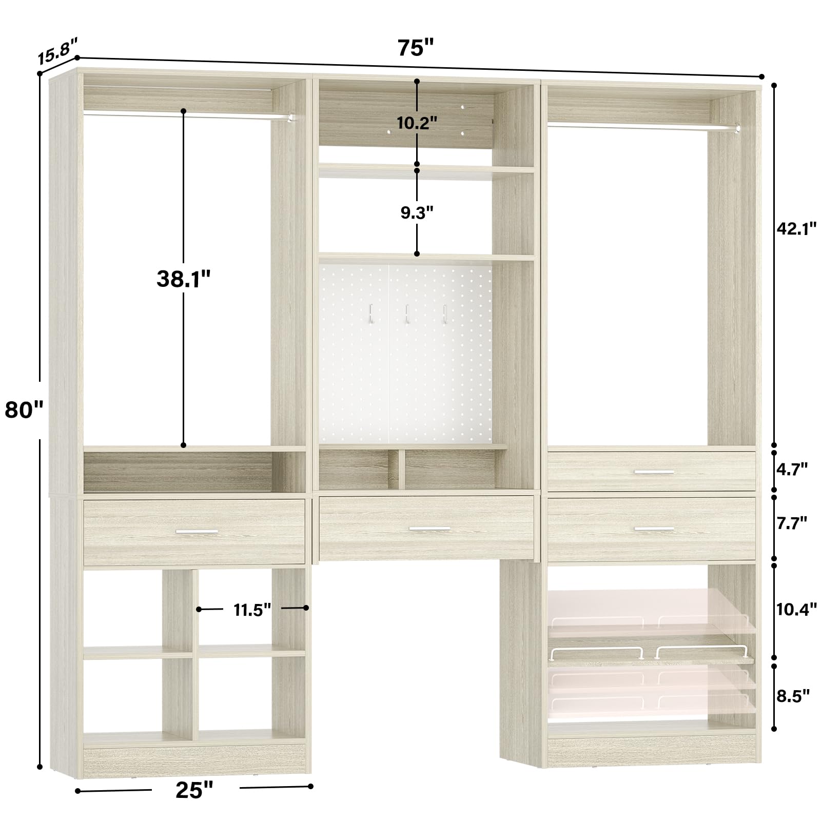 75" Modular Closet System with Magnetic Pegboard (3 Count)
