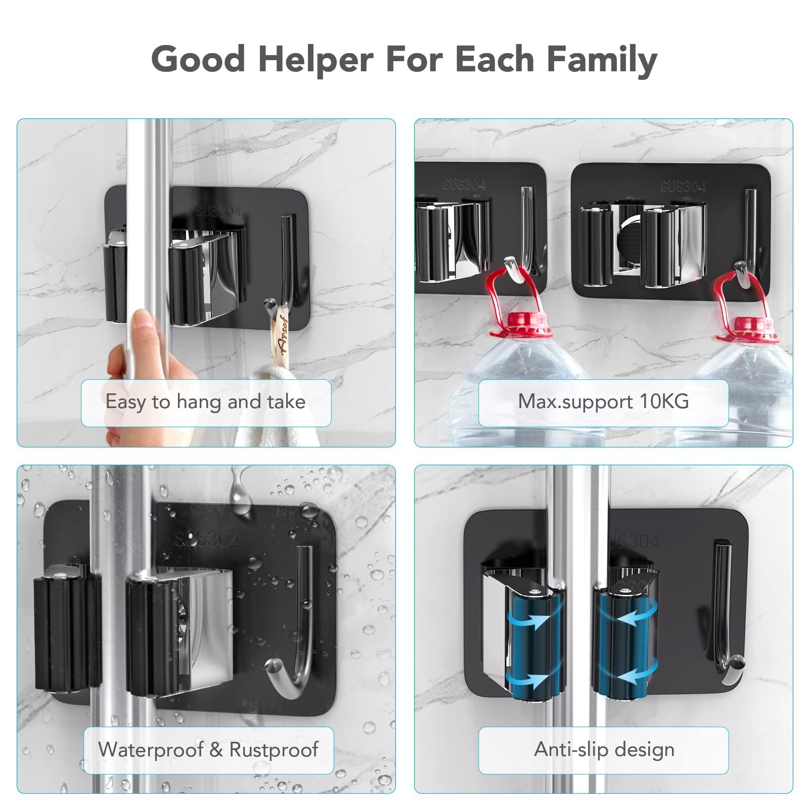 Broom Holder Wall Mount 4Pcs