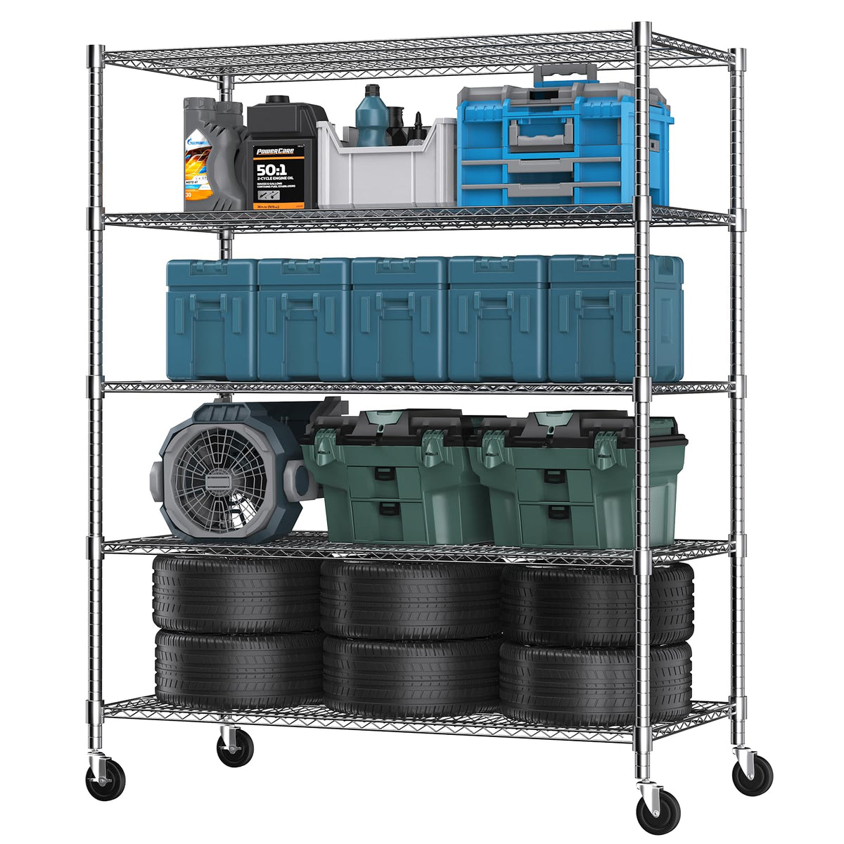 5 Tier Wire Shelving with Wheels Heavy Duty Height Adjustable Metal Shelves for Storage (5 Count)