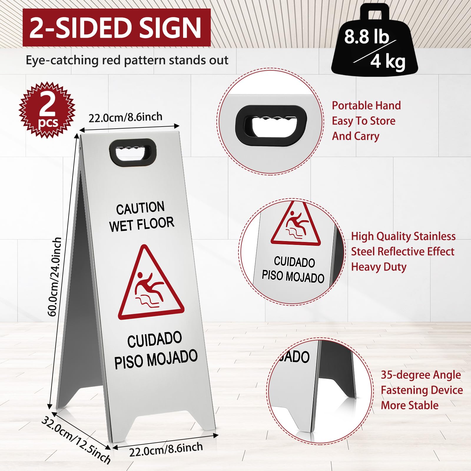 2 Pcs 24 Inch Stainless Steel Wet Floor Sign (2 Count)