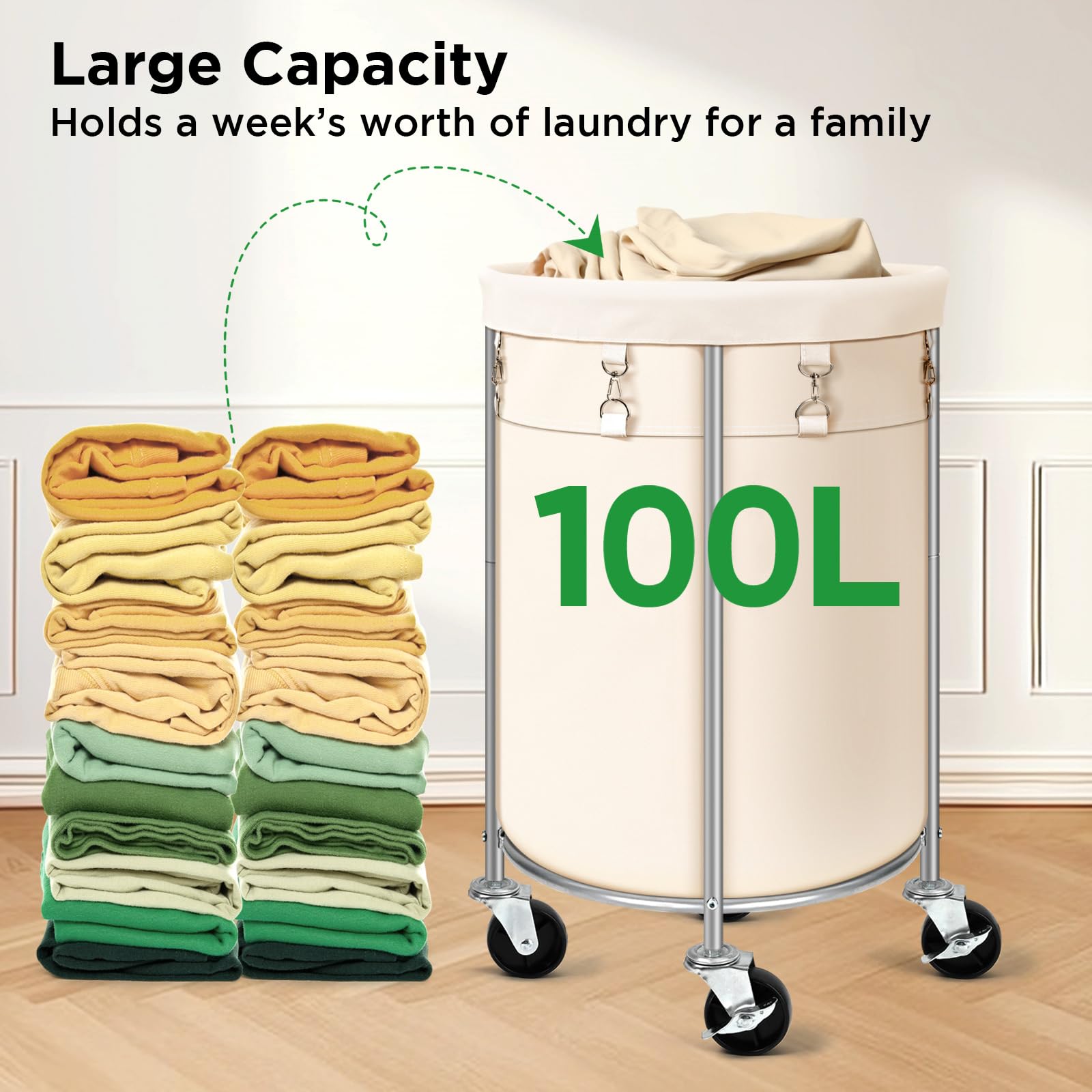 100L Round Rolling Laundry Hamper Basket with Wheels