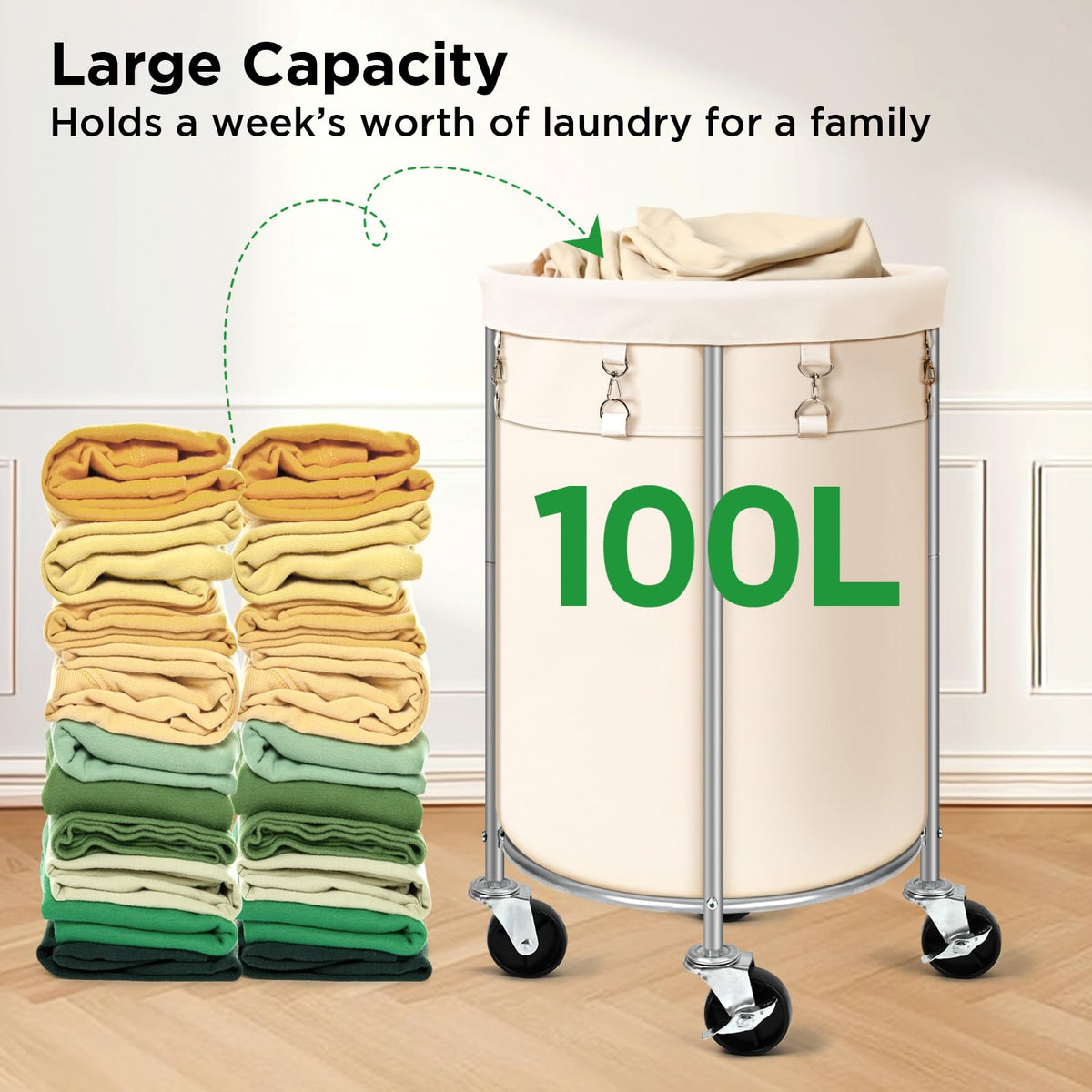 100L Round Rolling Laundry Hamper Basket with Wheels
