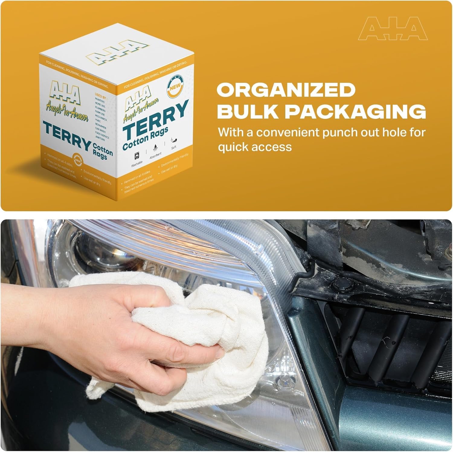 Angel-in-Armor White Terry Cloth Rags (16” x 19”) – 50lb Bulk Box of 100% Cotton Cleaning Rags – Reclaimed Towels for Plumbers, Shop Use, Janitorial, and Commercial Cleaning (800 Ounce)