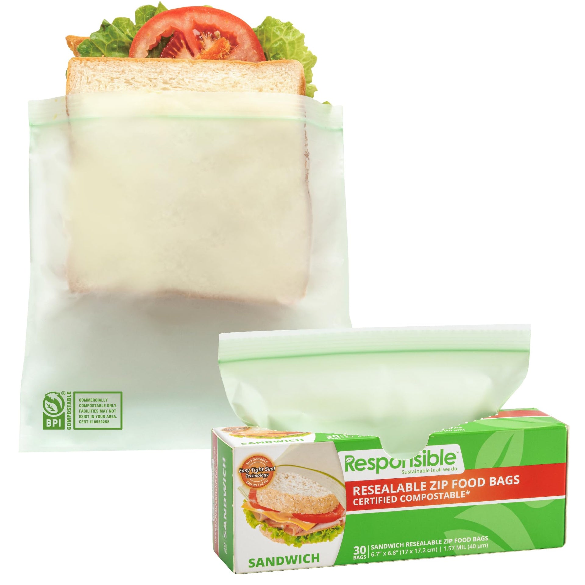 Certified Compostable SANDWICH Resealable Zip Bag (30 Count)