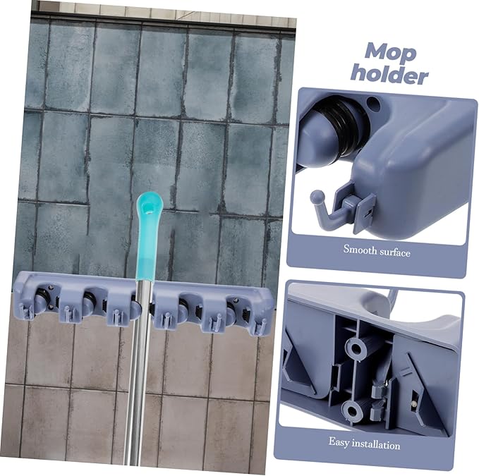 Multifunctional Grey Wall Mounted Mop and Broom Holder with Positions and Hooks Organizer for Home Accessories Easy Installation Load Capacity Per Hook