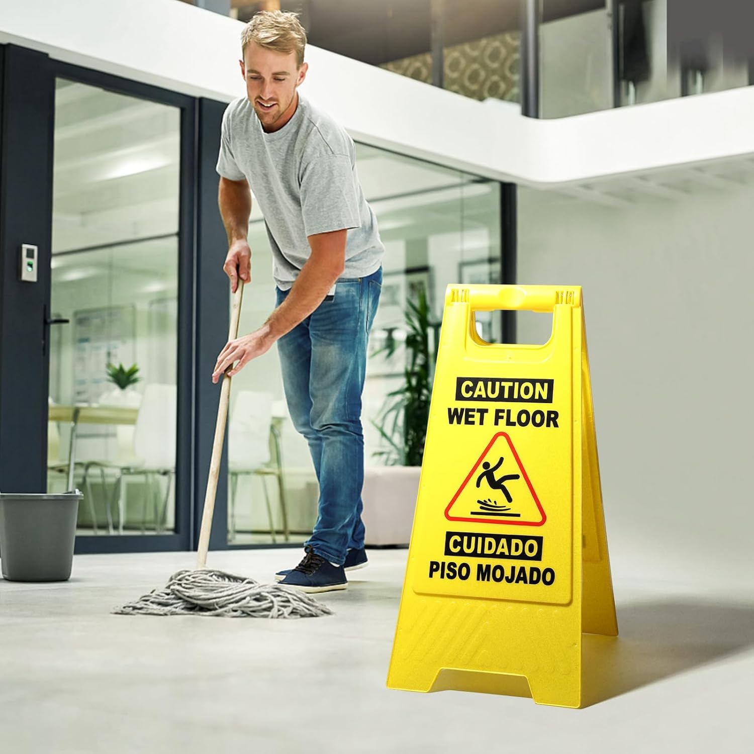 4 Pack 24 IN Caution Wet Floor Sign Bilingual Foldable Safety Sign (4 Count)