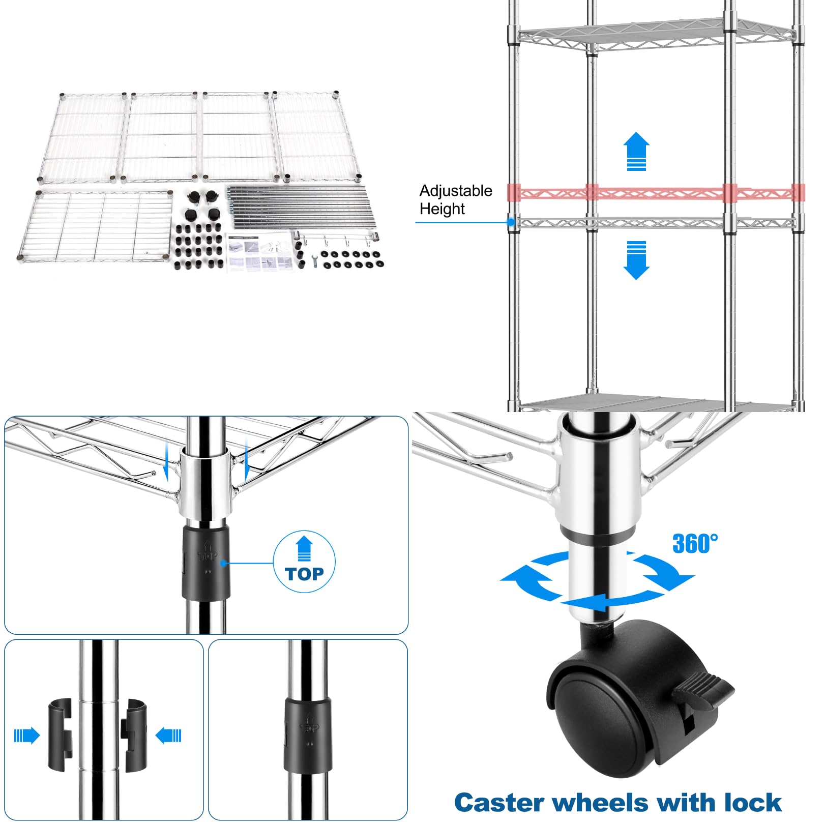 5 Tier Storage Shelf Wire Shelving Unit on Wheels Heavy Duty Metal Shelves Adjustable Steel Rack Organization for Kitchen Garage Basement