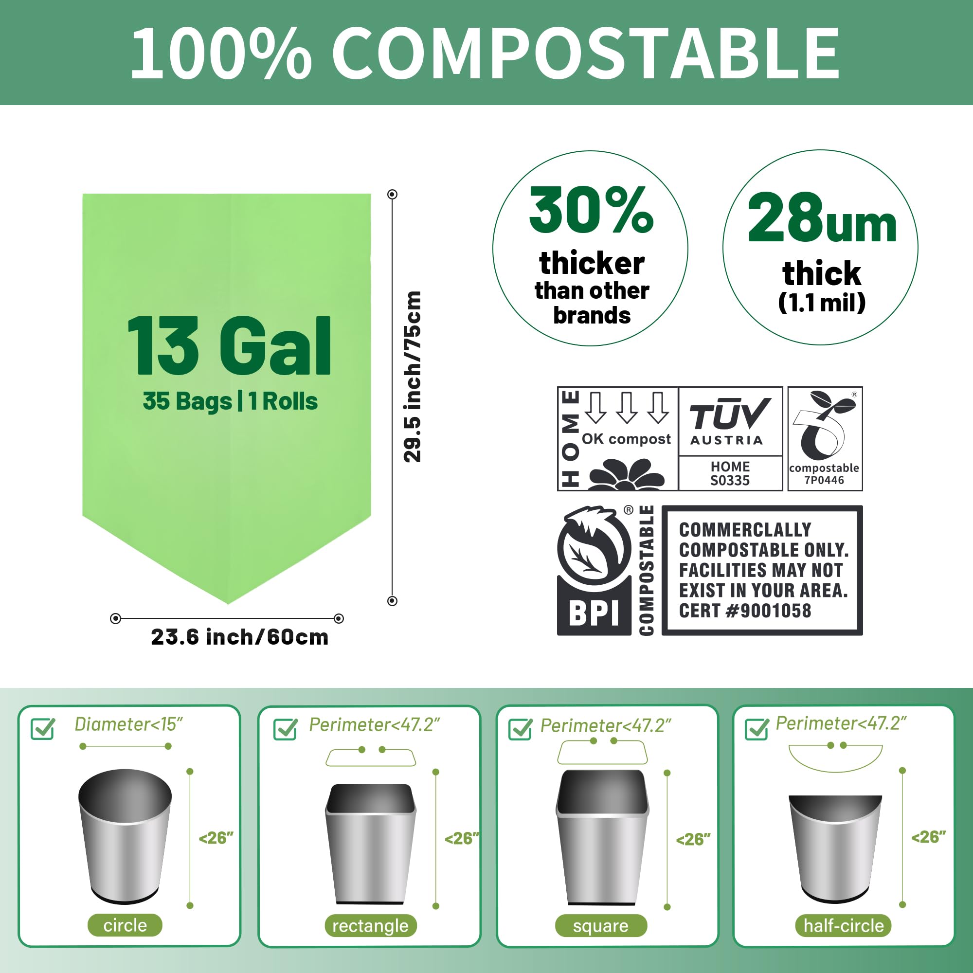 13 Gallon Trash Bags Compostable Compost Large Garbage Bag Extra Thick 1.1 Mil for Kitchen Bathroom BPI Certified 35 Counts