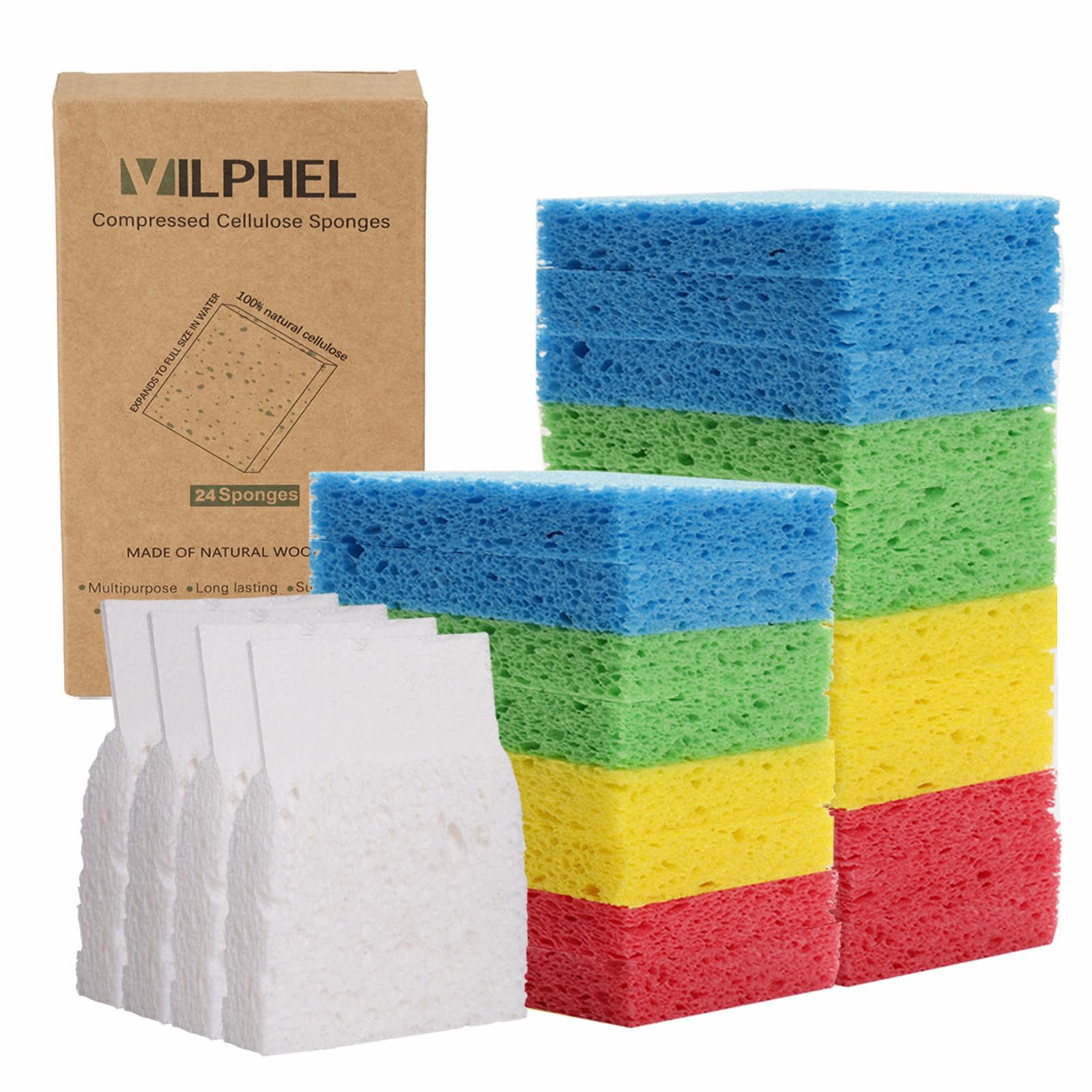 Compressed Natural Cellulose Sponges 24 Pack Regular Size Multicolor Soft Reusable Non (24 Count)