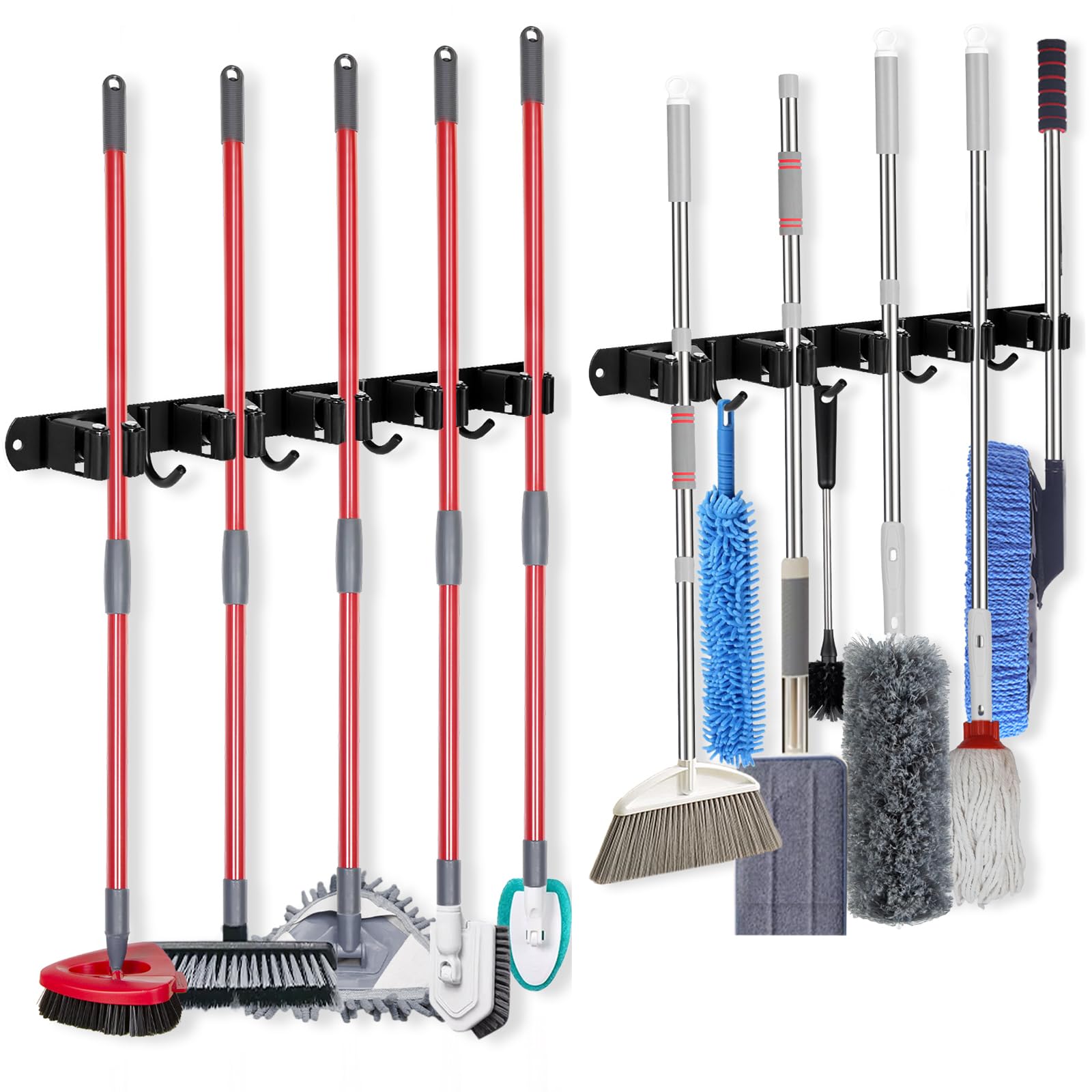 2 Pack] 5 Racks and 4 Hooks Mop and Broom Holder Wall Mount (2 Count)