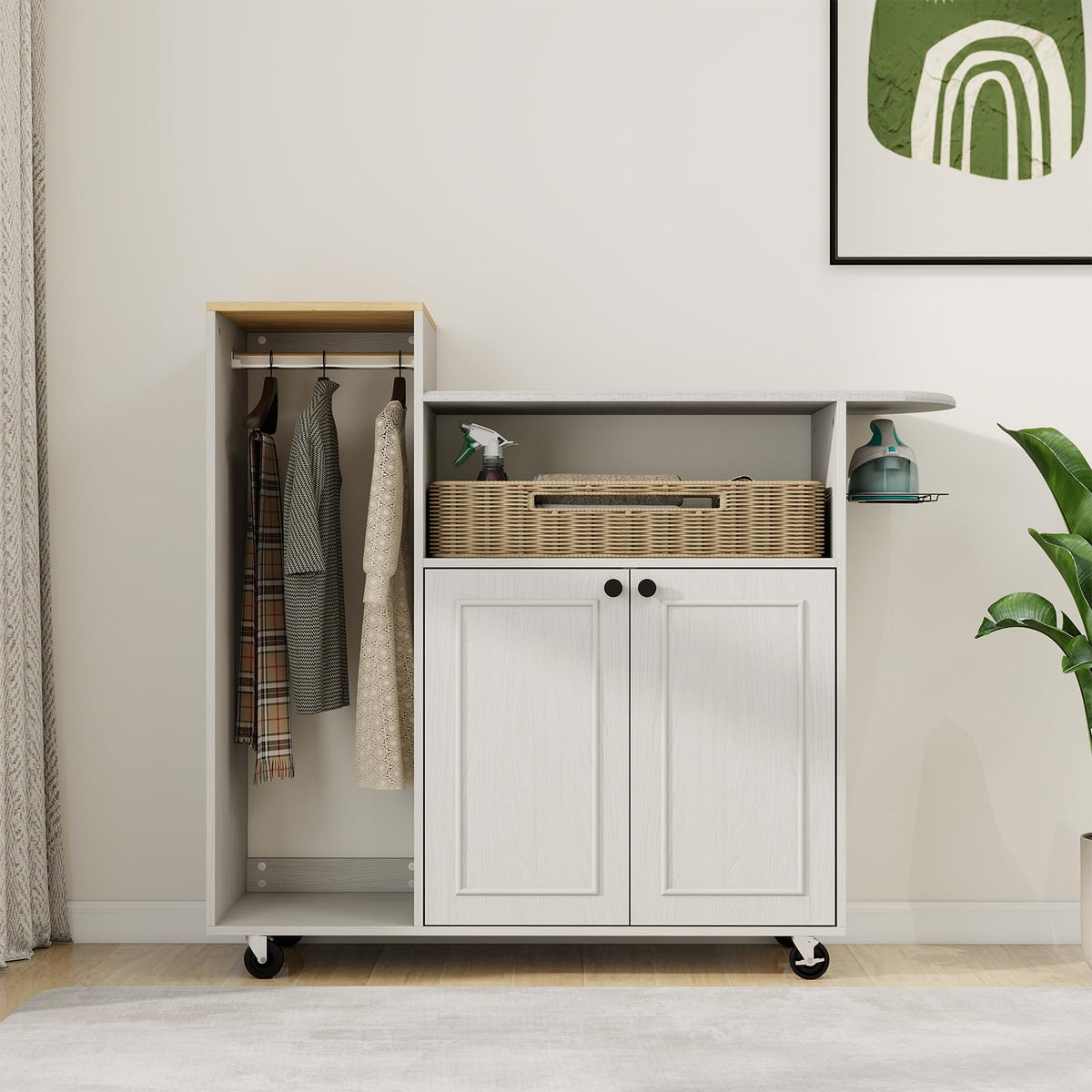 Multipurpose Rolling Ironing Board with Storage Cabinet