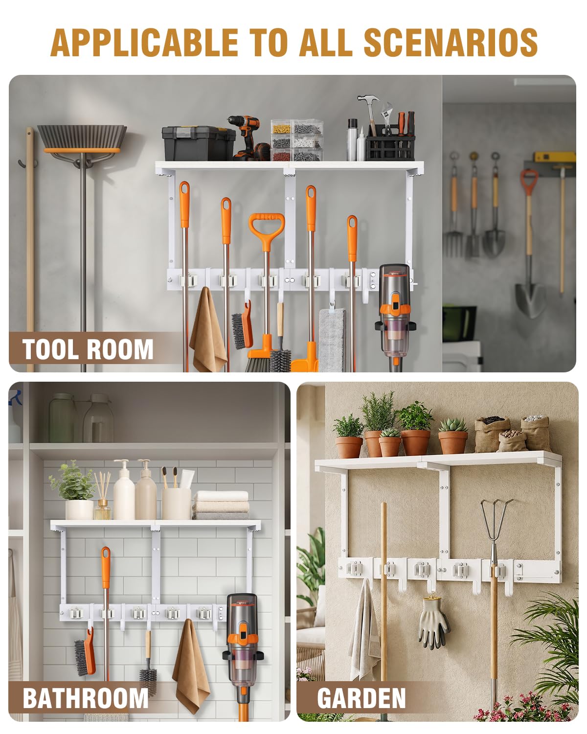 Large Broom Holder Wall Mount with Shelf