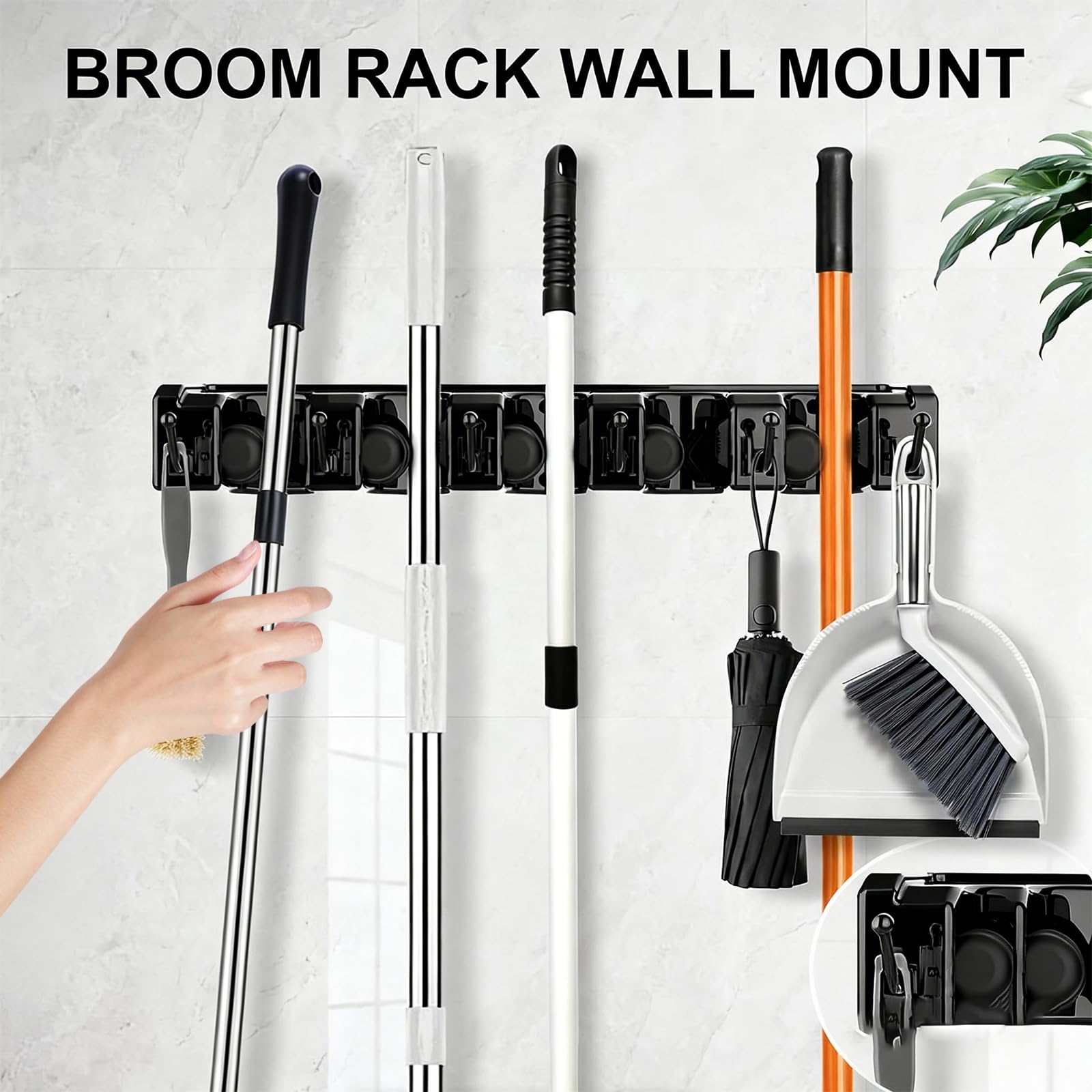 Broom Holder Wall Mount with Hooks & Slots