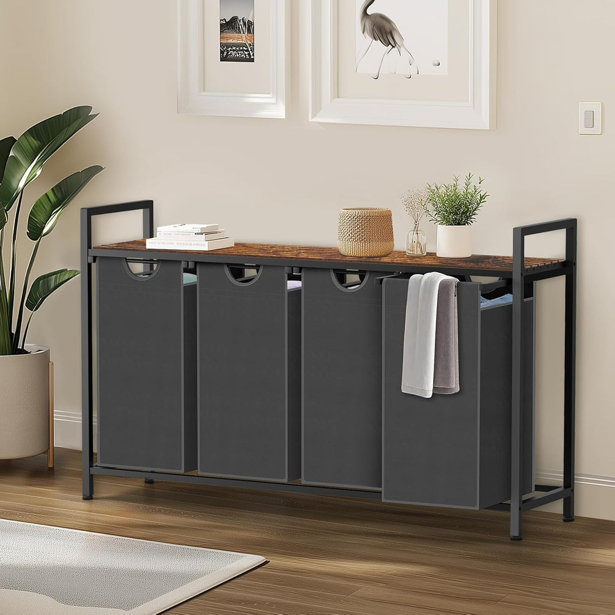 Laundry Hamper, Laundry Sorter with 4 Pull-Out Removable Oxford Fabric Bags Cloth Laundry Basket 4 x 10 Gallons (Grey and Rustic Brown)