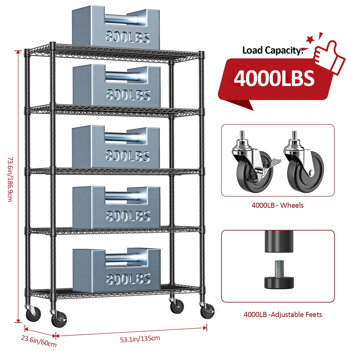 Garage Shelving Wide Storage Shelves 5 Tier Metal Shelves 4000 LBS Heavy Duty Adjustable Utility Shelf Rack Black 23.6" D x 53.1" W x 73.6" H (5 Count)