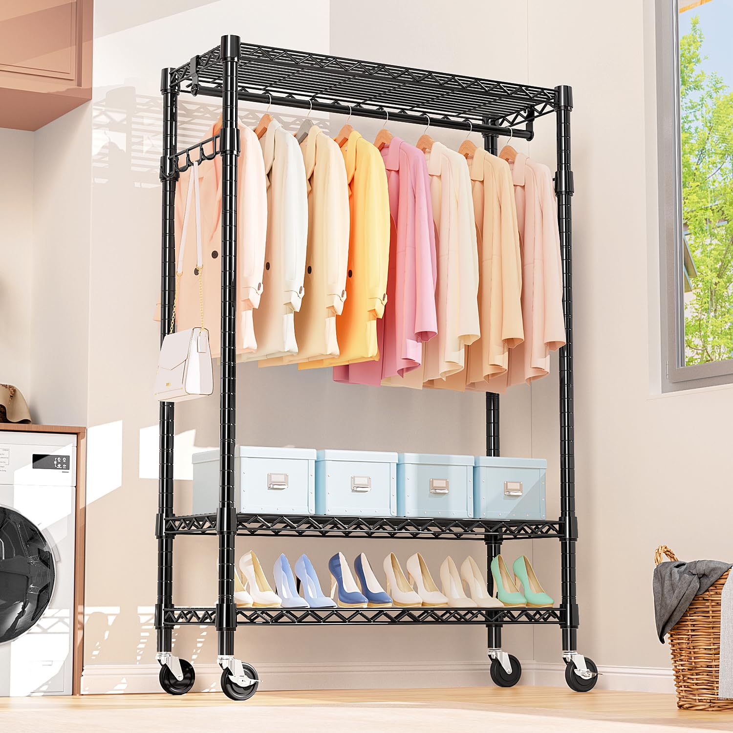 Heavy Duty Rolling Garment Rack 3 Tiers Adjustable Wire Shelving Clothes Rack with Rods and Side Hooks
