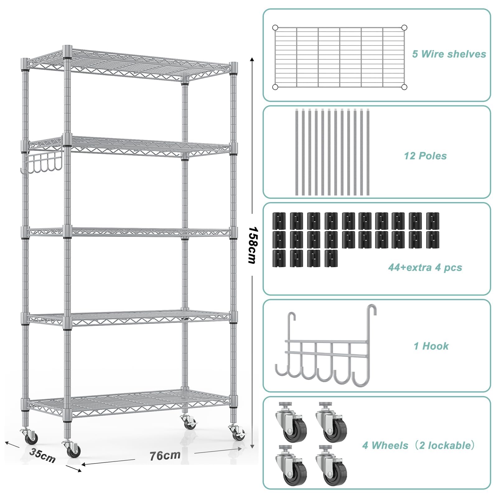 5 Tier Storage Shelf Wire Shelving Unit on Wheels (5 Count)