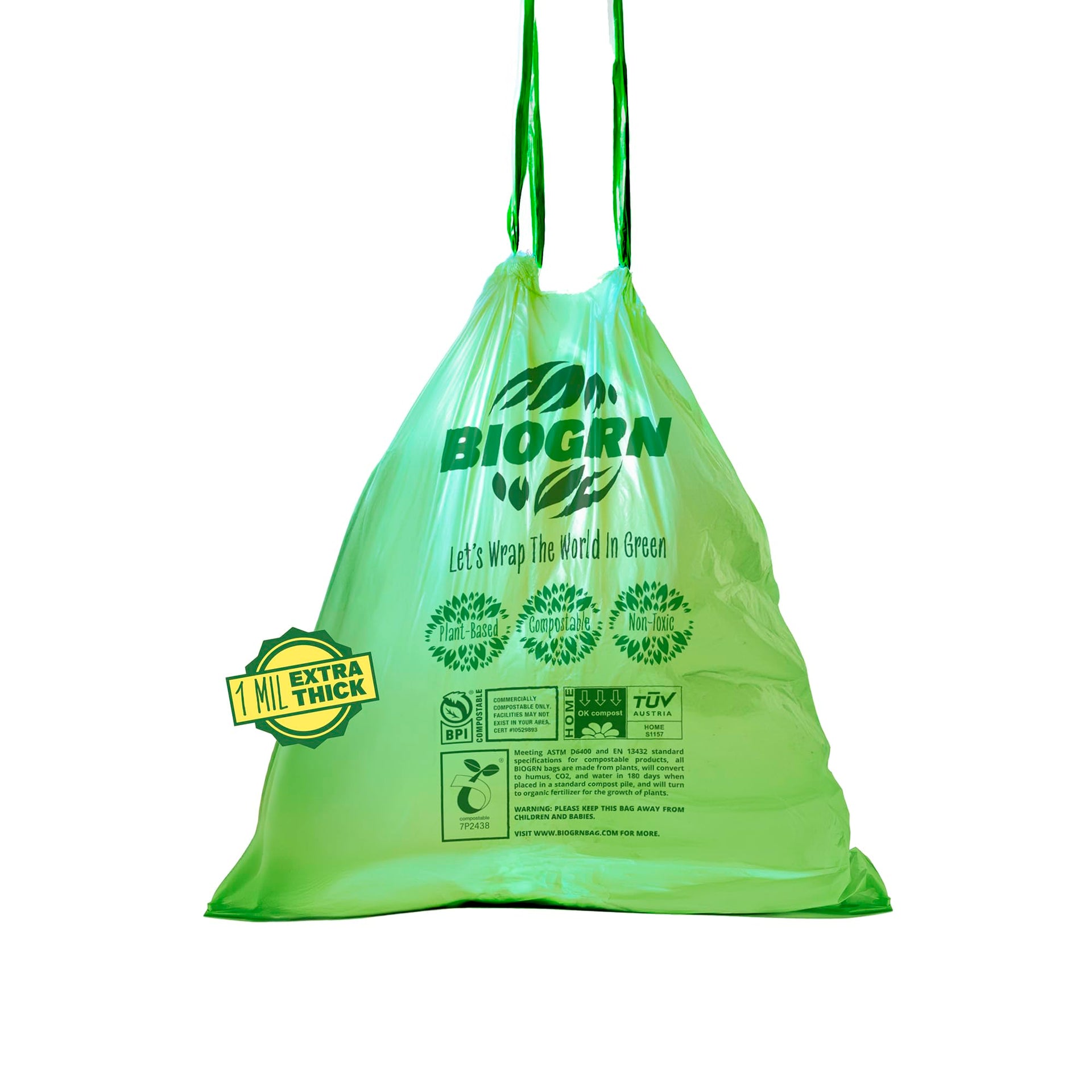 2.6 3 Gallon Compostable Trash Bags Drawstring 50 Bags Extra Thick 1 Mil 11.36 Liter Small Biodegradable Trash Bags for Kitchen Countertop Bin ASTM D6400 (50 Count)