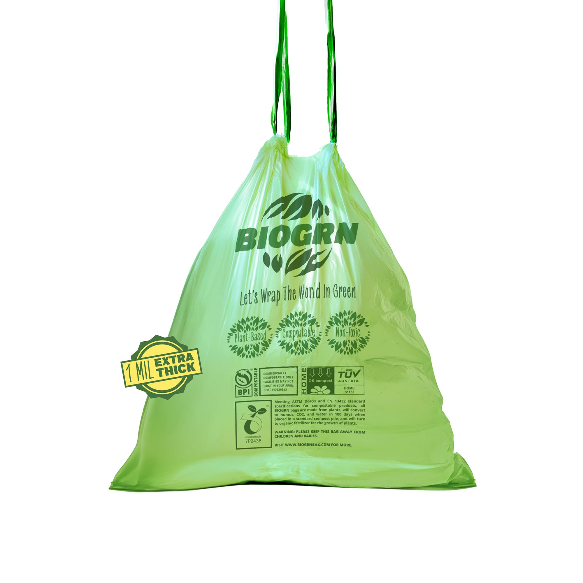 2.6 3 Gallon Compostable Trash Bags Drawstring 50 Bags Extra Thick 1 Mil 11.36 Liter Small Biodegradable Trash Bags for Kitchen Countertop Bin ASTM D6400 (50 Count)