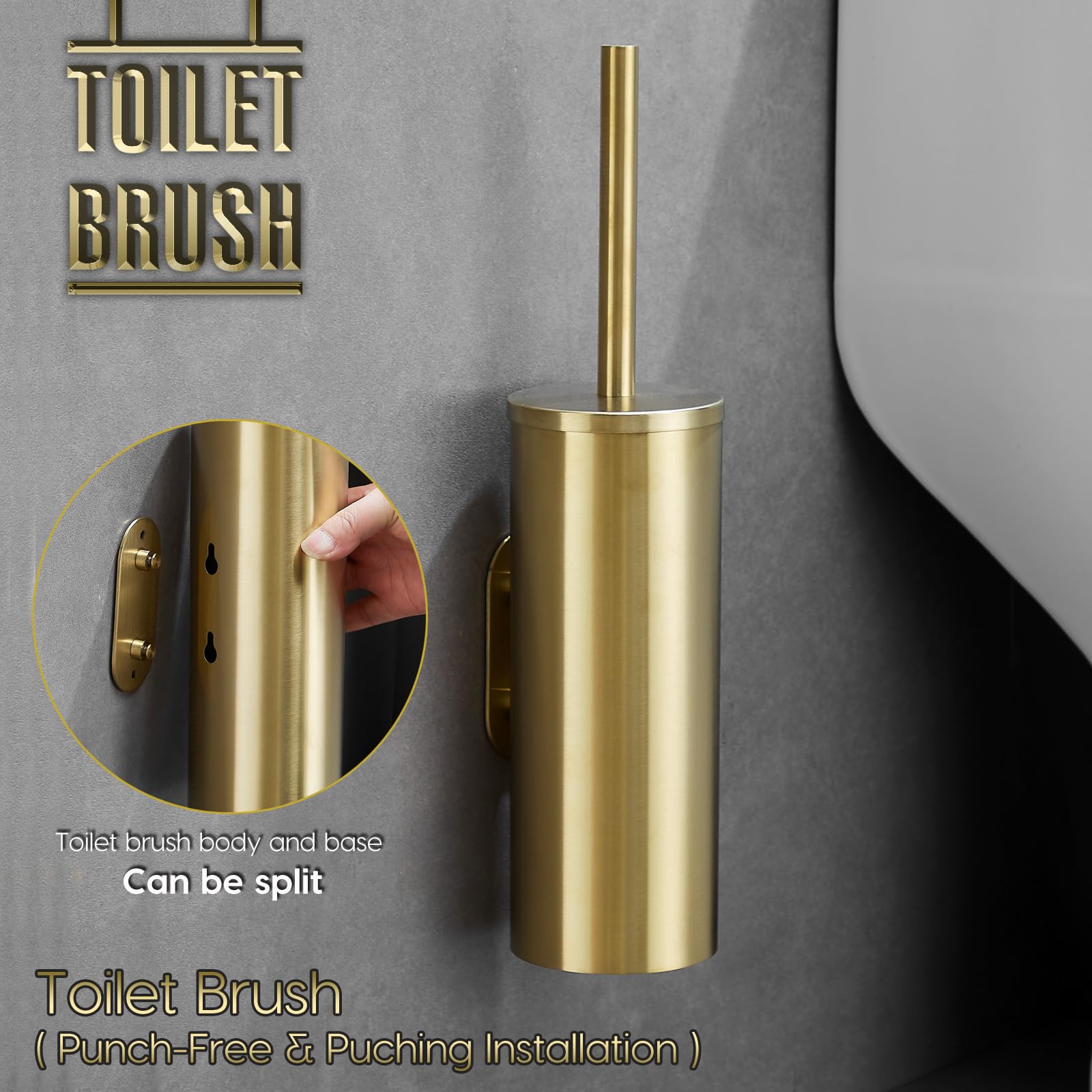 Brushed Gold Stainless Steel Wall Mounted Toilet Brush and Cover