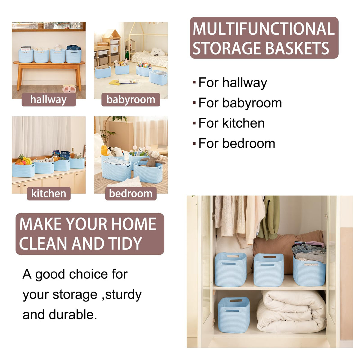 4 Pack Storage Baskets for Organizing 15L Storage Bins Light Blue (4 Count)
