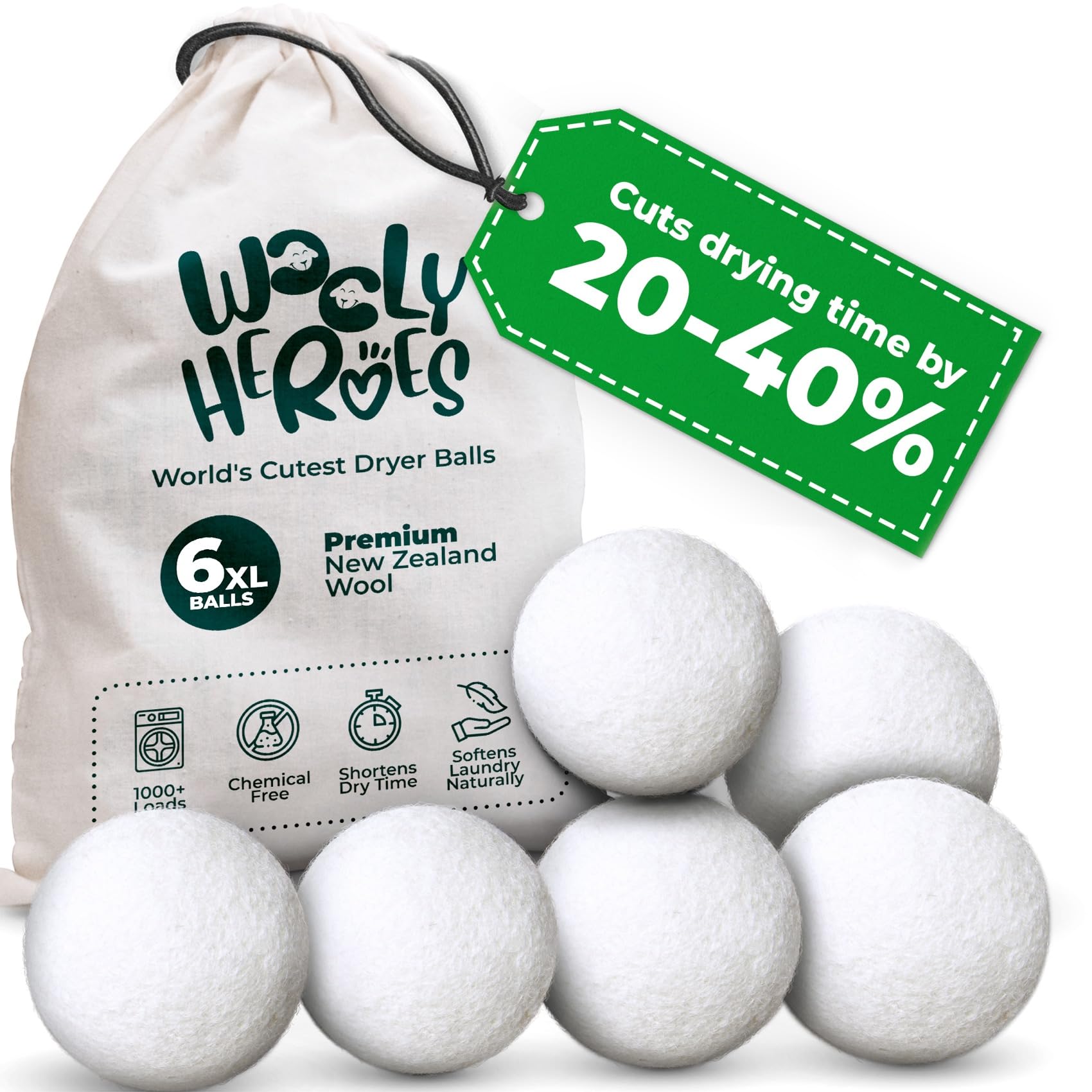 Chemical Free & Baby Safe! Reusable Wool Dryer Balls XL 6 (6 Count)