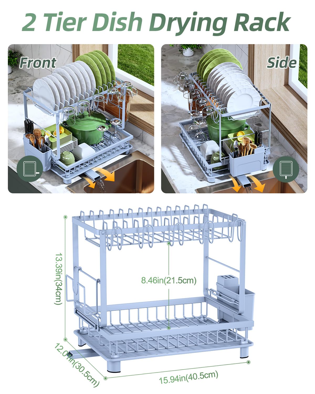 2 Tier Dish Drying Rack for Kitchen Counter