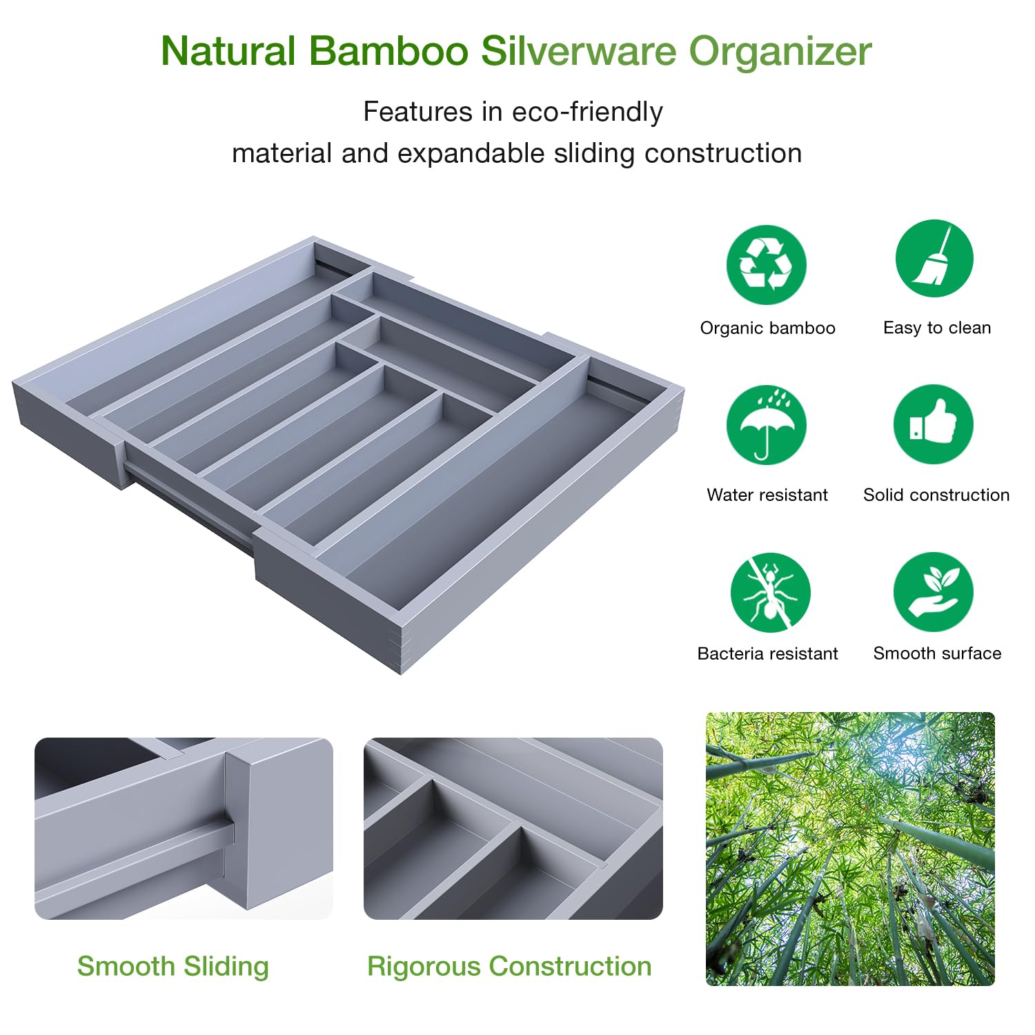 Bamboo Expandable Drawer Organizer for Utensils Holder