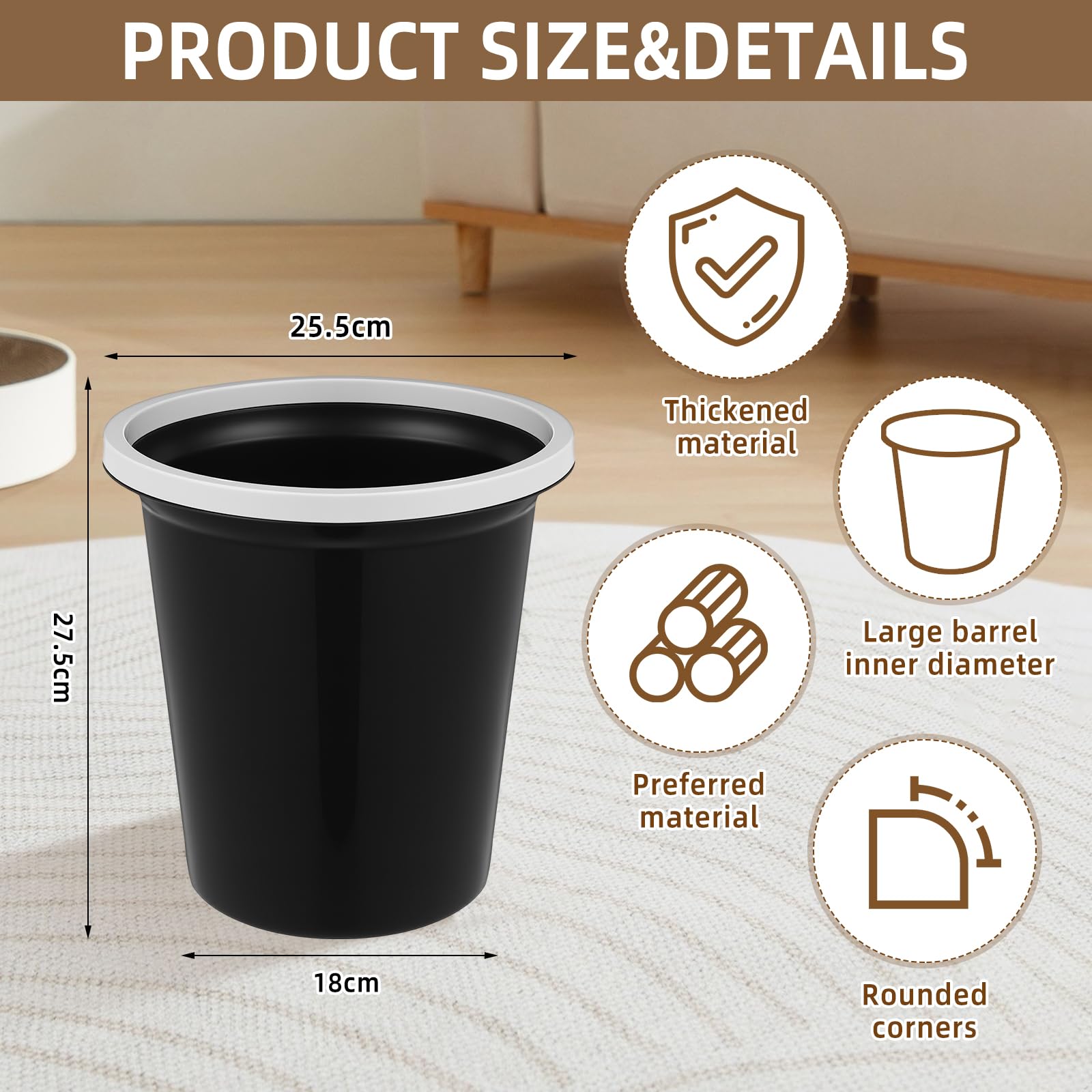 36 Pcs Bathroom Trash Cans Bulk 2.6 Gallon Small Waste Basket Round Garbage Can Plastic Trash Bin Small Container for Home Dorm Kitchen Office Living Room Study Compact Space