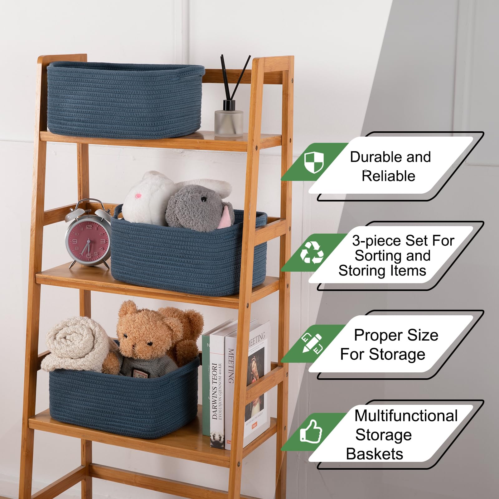 3 Pack Storage Baskets for Shelves Cotton Rope Storage Bins Blue (3 Count)