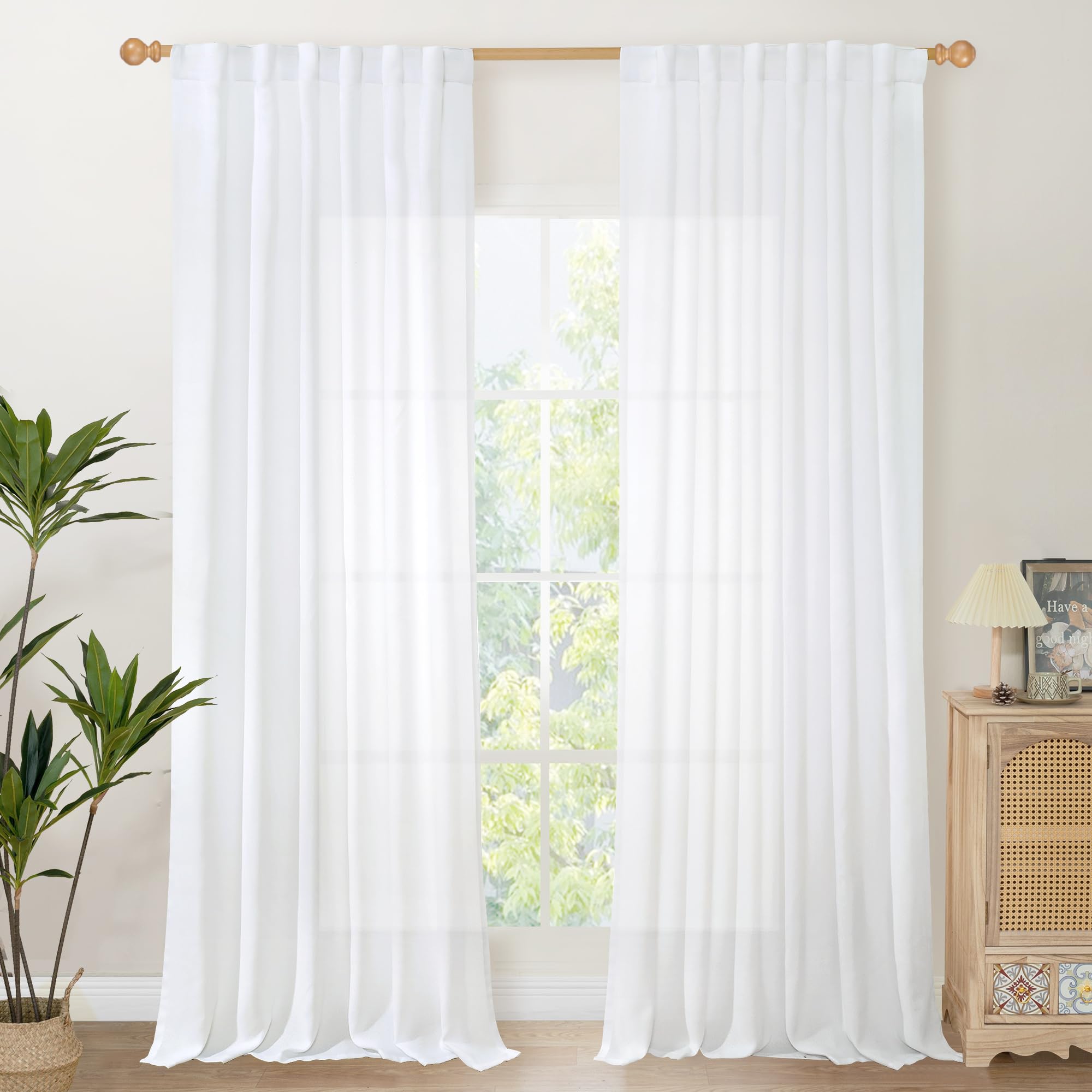 White Linen Curtains 84 Inches Long Semi Sheer for Living Room
