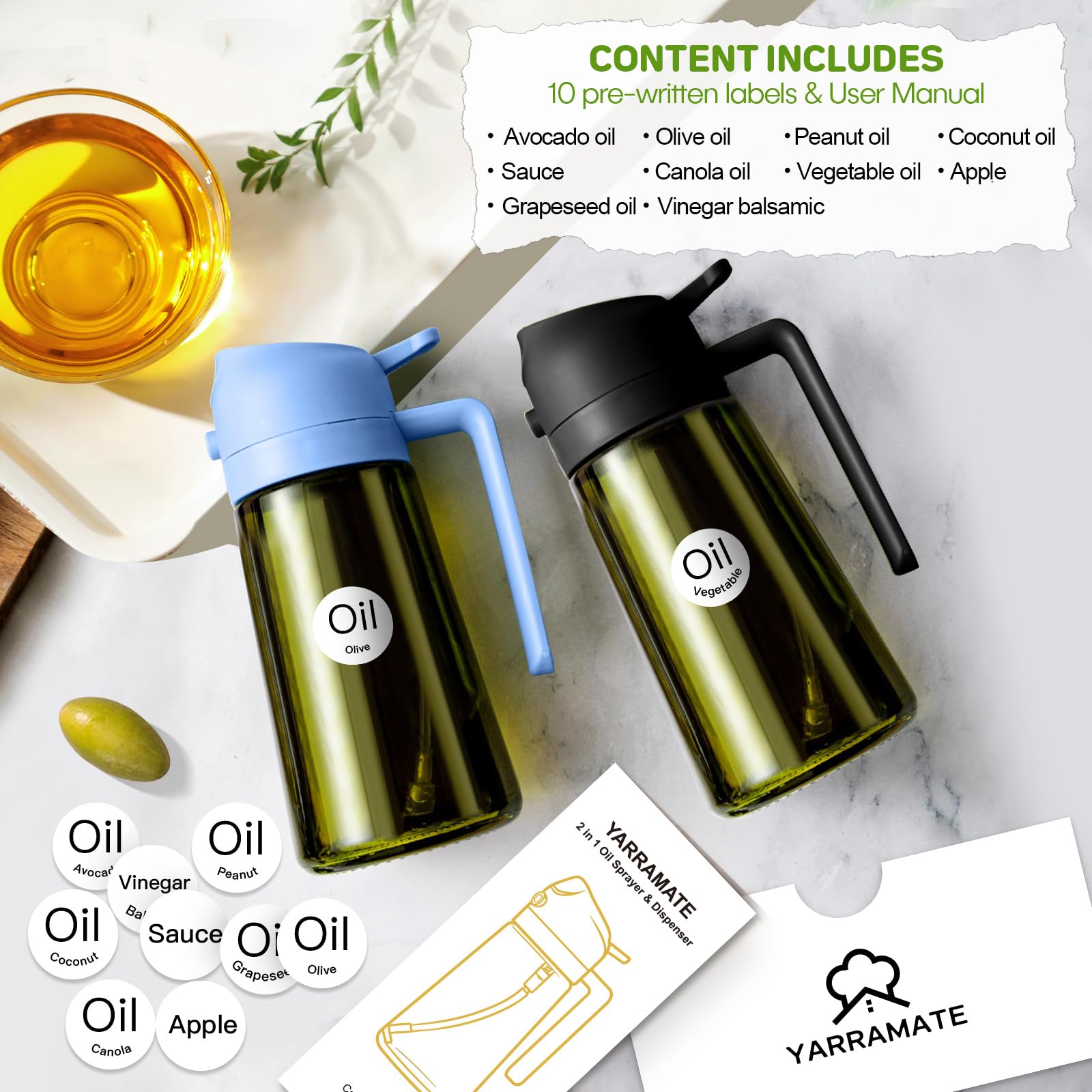 16oz 470ml Dark Green Oil Sprayer for Cooking with Stickers