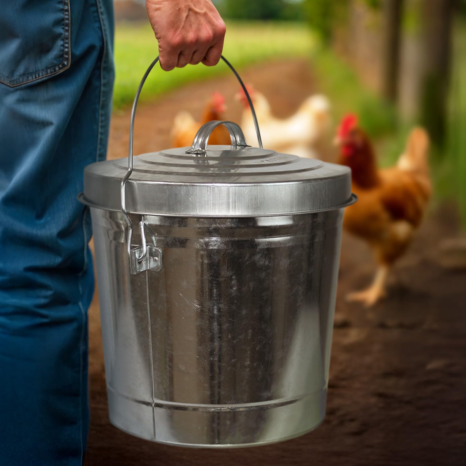 6 Gallon Outdoor Trash Can with Lid Galvanized Metal Bucket with Locking Lid for Poultry Feed Bird Seed Storage Ash Small Garbage Can