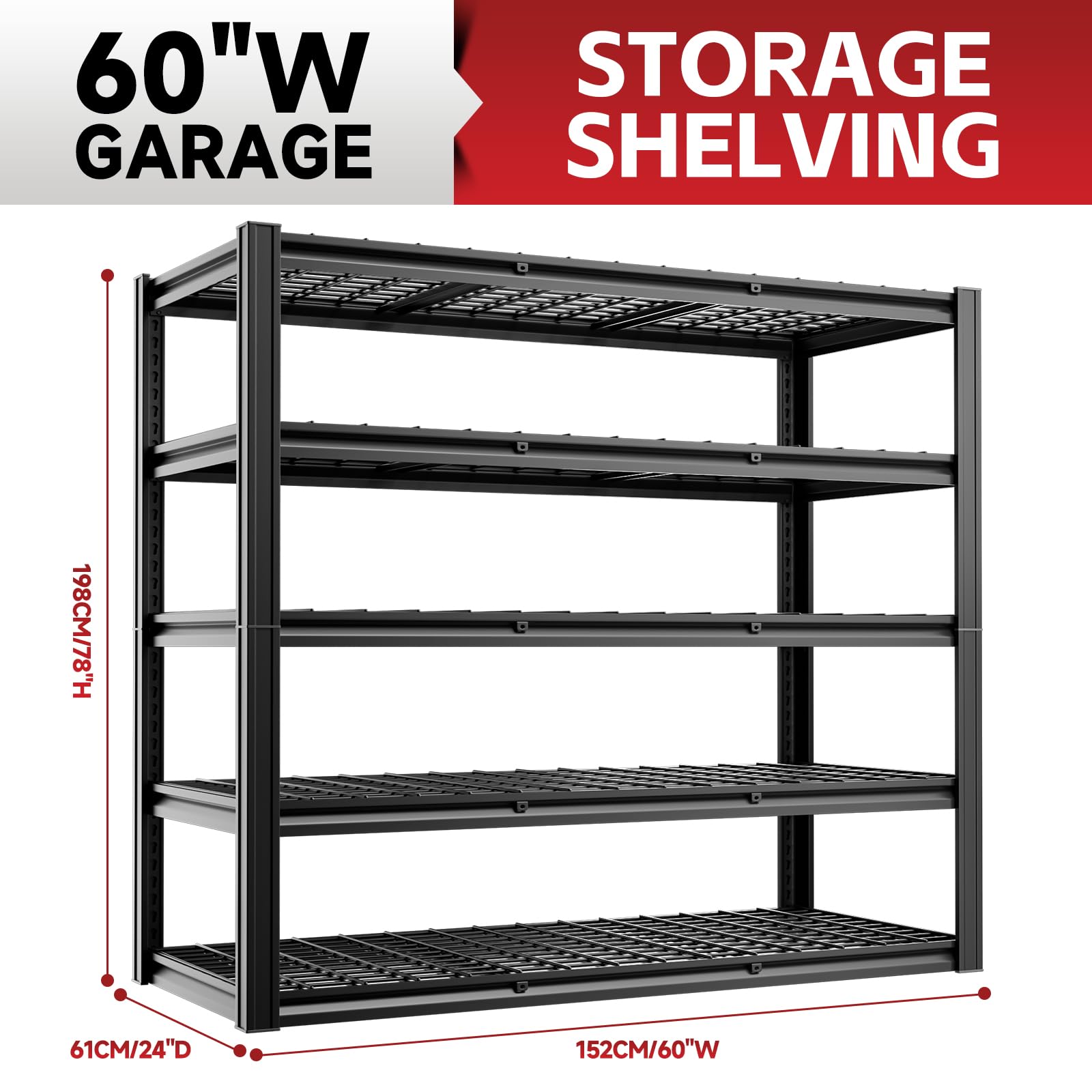 5 Tier 60”W x 24”D x 78”H Garage Shelving Adjustable Metal Storage Shelves 3000LBS Garage Shelving Heavy Duty Utility Shelf Unit Storage Racks for Warehouse (5 Count)