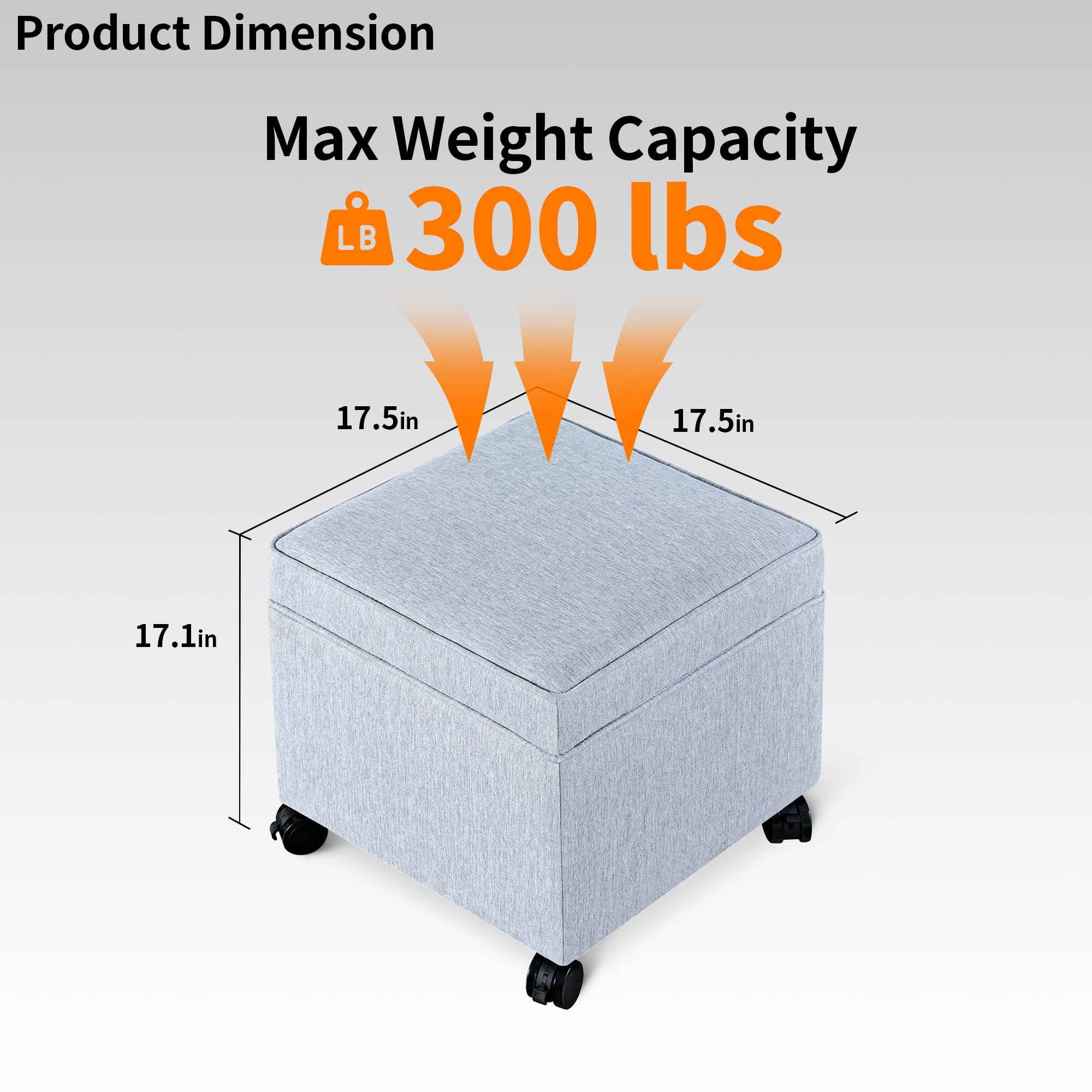17.5 inch Square Storage Ottoman with Wheels & Flip Top Lid