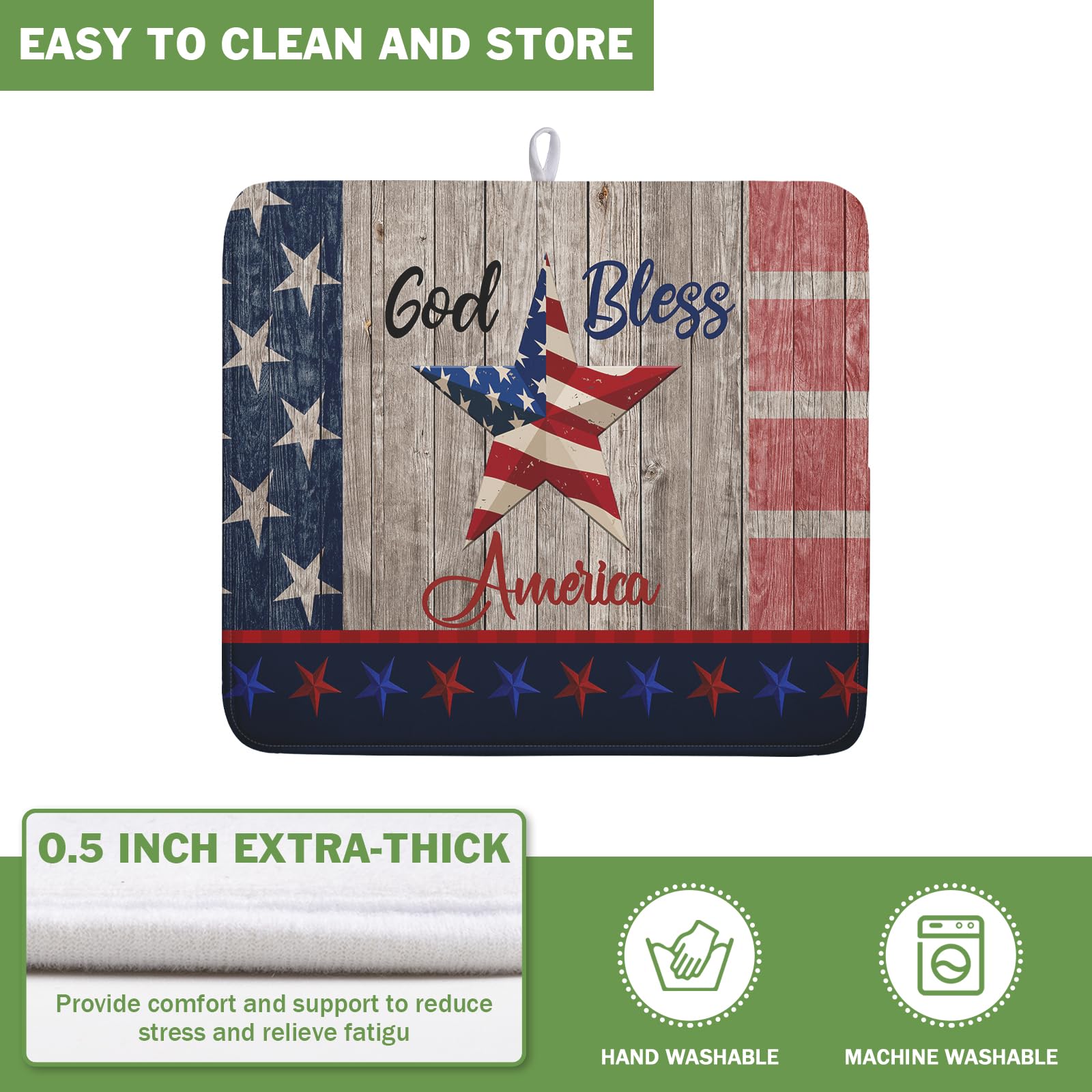 4th of July Dish Drying Mat 16x18 Inch Patriotic God Bless America Memorial Kitchen Mats Independence Day Absorbent Dishes Pad for Kitchen Counter USA Star Drying Mat Home Decor for Countertop