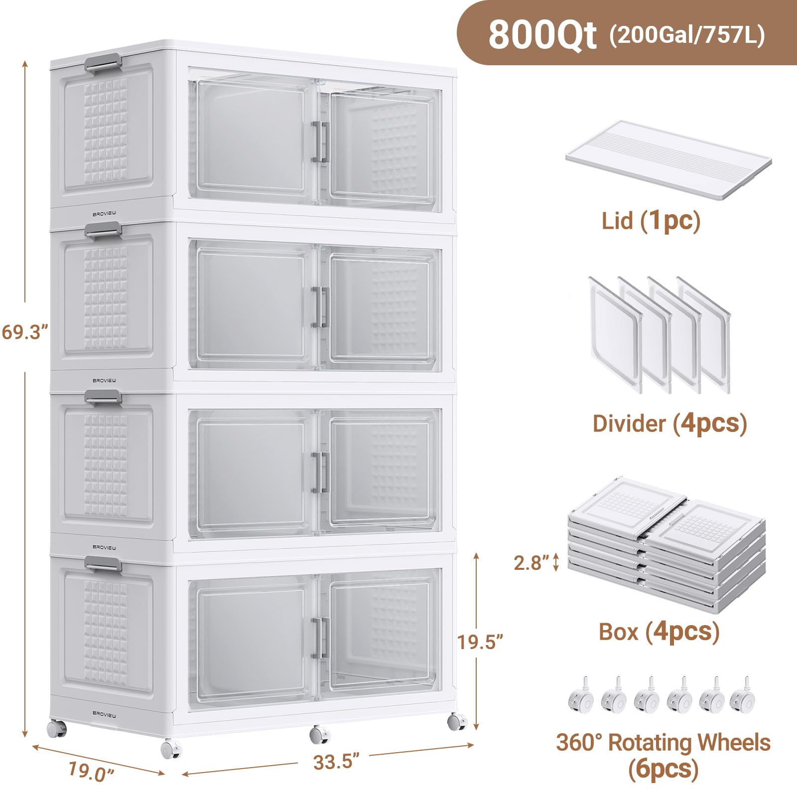 200Gal XL Stackable Storage Bins Foldable Box Cabinet for Home 4Pack White (4 Count)