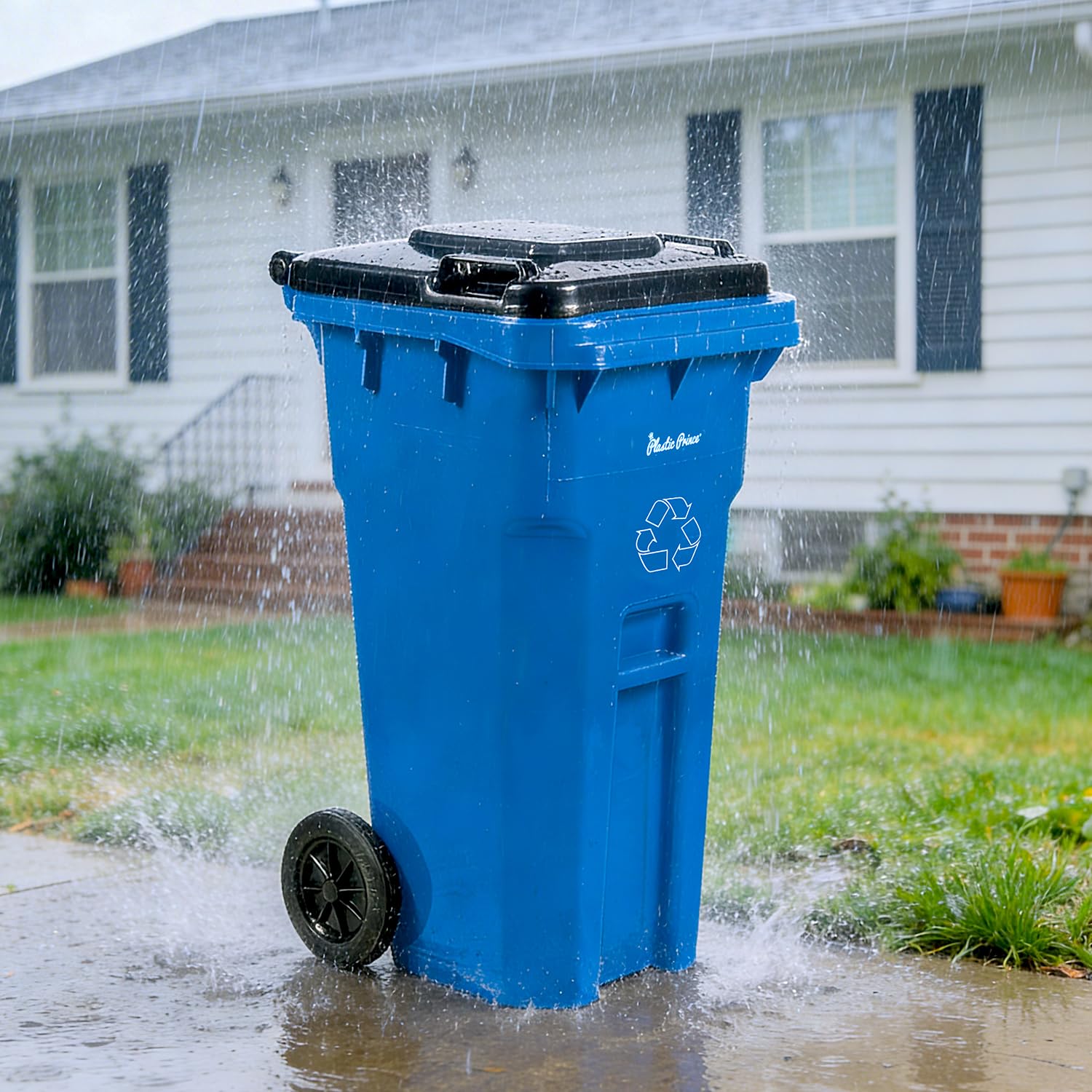 32 Gallon Trash Can Outdoor Recycling Bin with Lid and Wheels Heavy Duty Rolling Garbage Can with Lid Blue Recycle Trash Can with Wheels for Warehouse Hospital Restaurant Office
