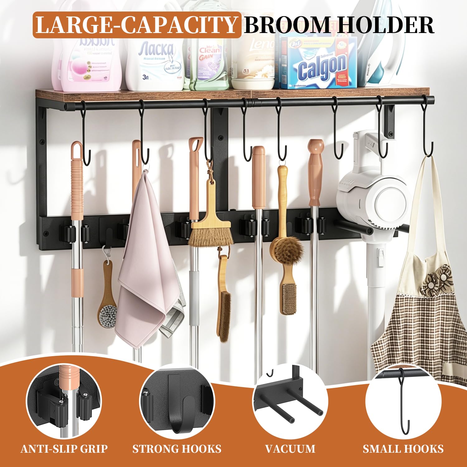 3-in-1 Broom Holder Wall Mount Broom and Mop Organizer Wall Hanging