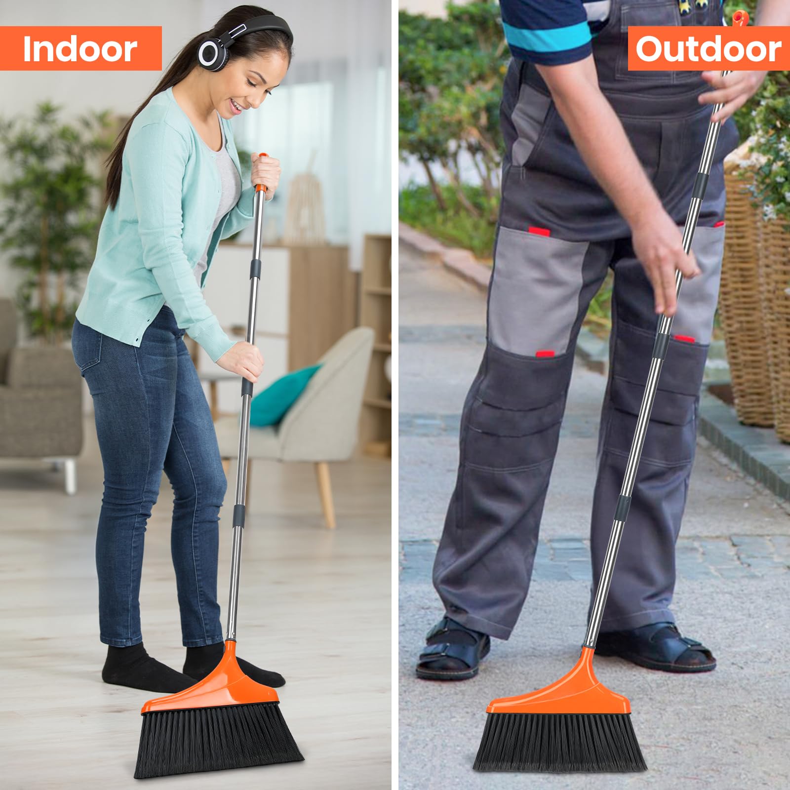 4 Pack Heavy Duty Angle Broom for Floor Cleaning with 52" Long Handle Stiff Bristle Angle Commercial and Industrial Broom